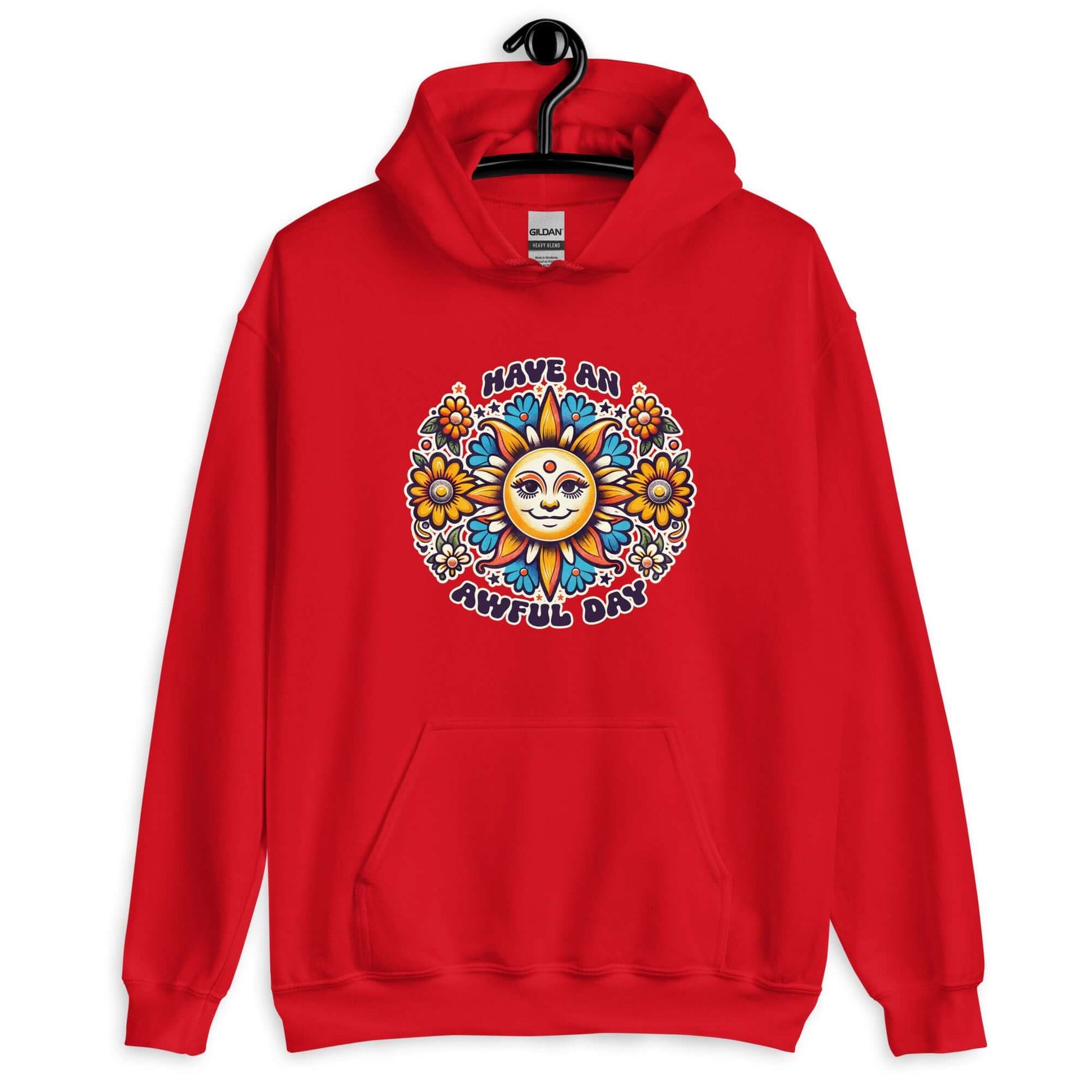 Red hoodie sweatshirt with a sun graphic and the phrase Have an awful day printed on the front.
