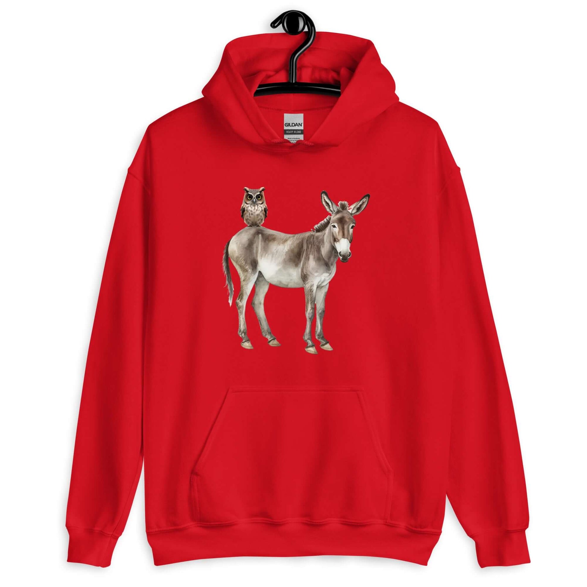 Red hoodie sweatshirt with image of a donkey with wise owl sitting on it. The graphic is printed on the front of the hoodie.