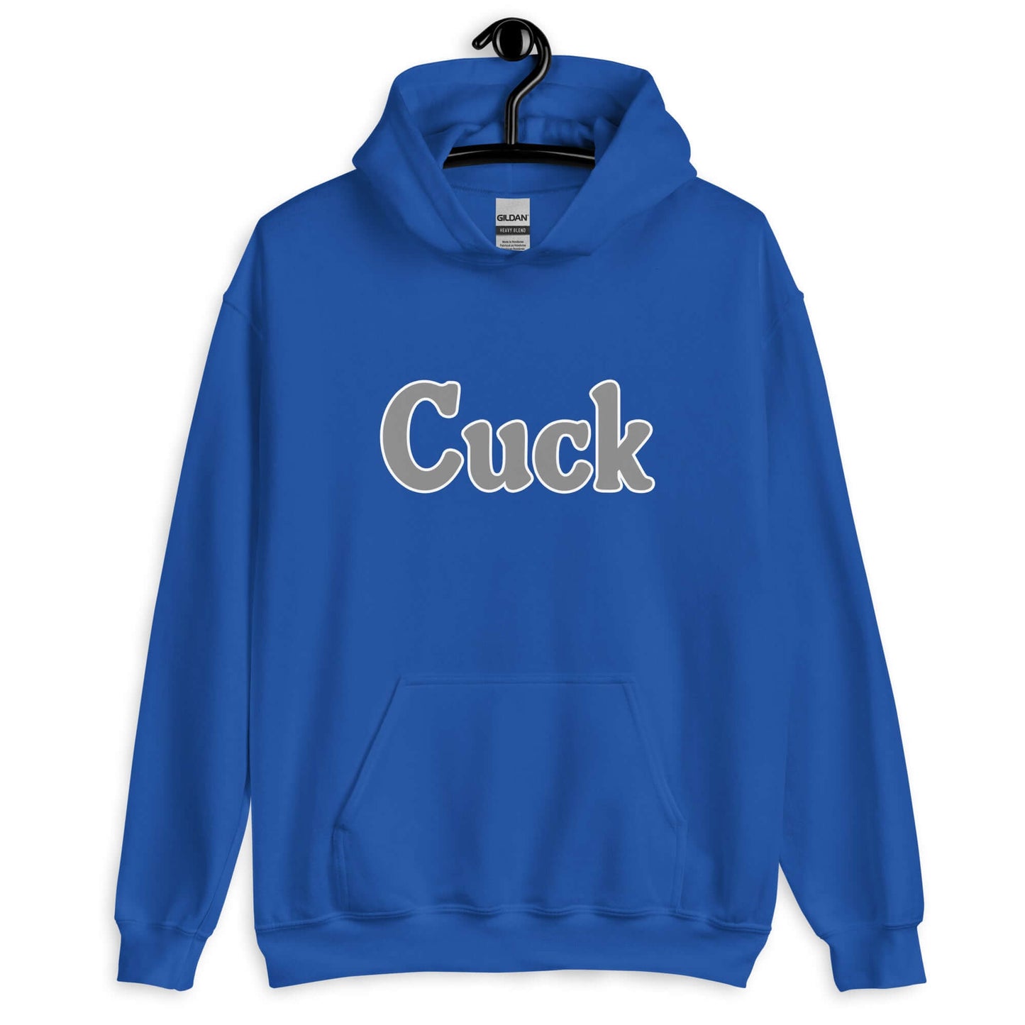 Royal blue hoodie sweatshirt with the word Cuck printed on the front in grey.