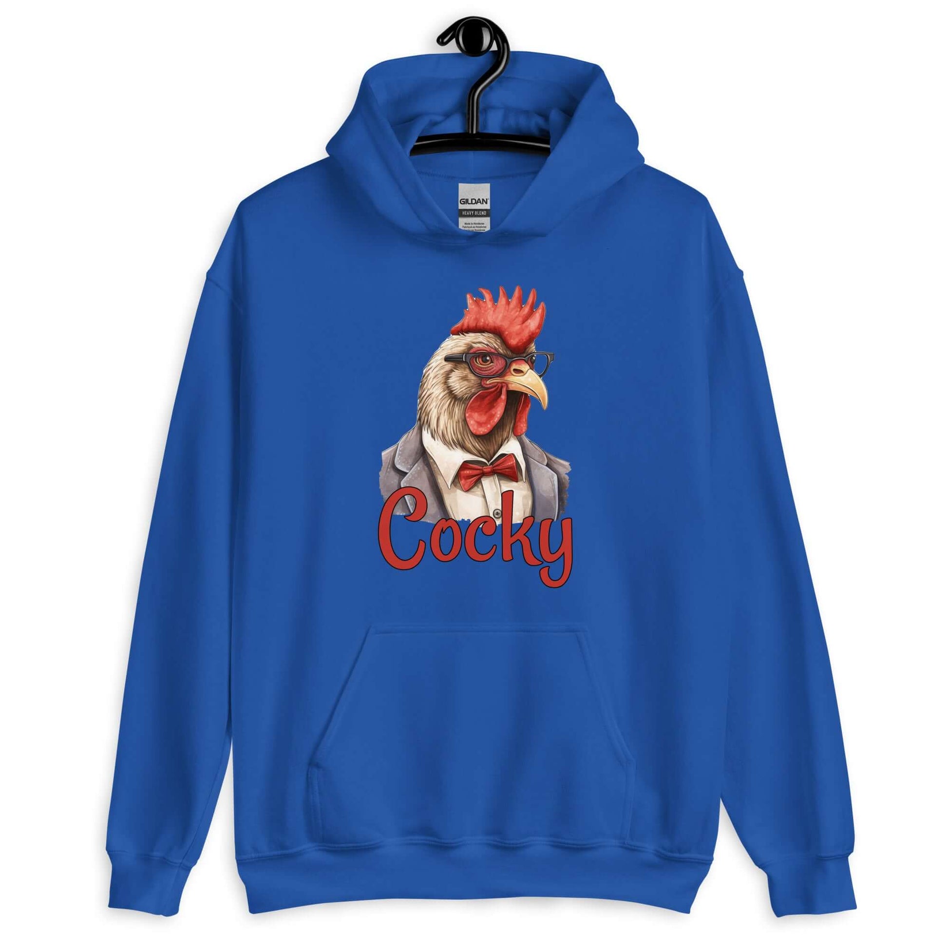 Royal blue hoodie sweatshirt with image of a rooster and the word Cocky printed on the front.