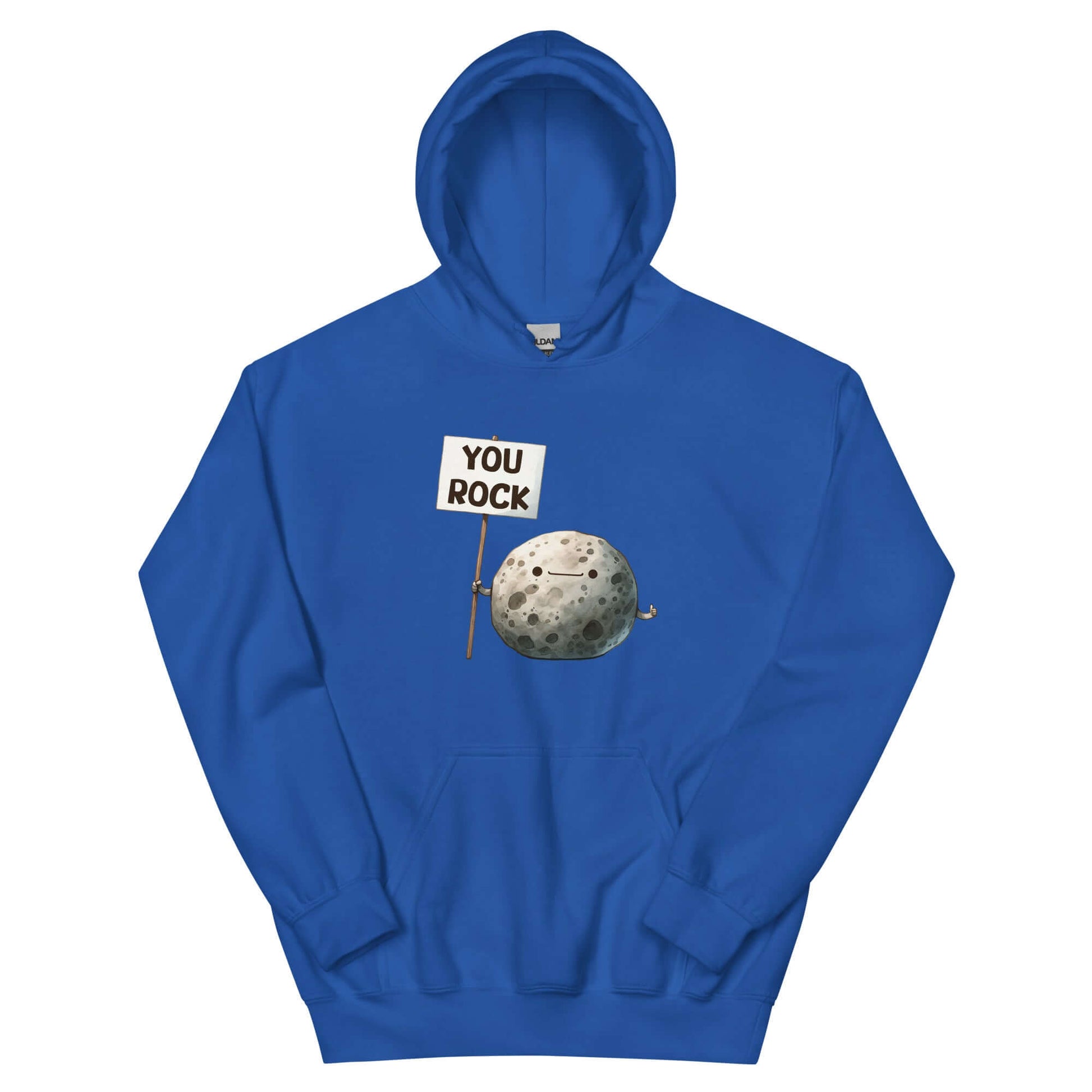 Royal blue hoodie with an image of a grey rock that is holding a sign. The sign says You Rock. The image is printed on the front of the hoodie.