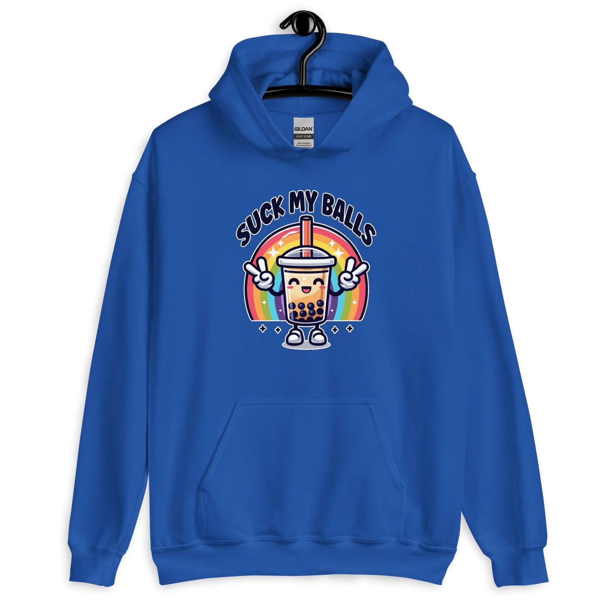 Royal blue hoodie with graphics of a rainbow and a smiling boba bubble tea. The bubble tea has arms and legs. The phrase Suck my balls is printed above the rainbow. The graphics are on the front of the hoodie.