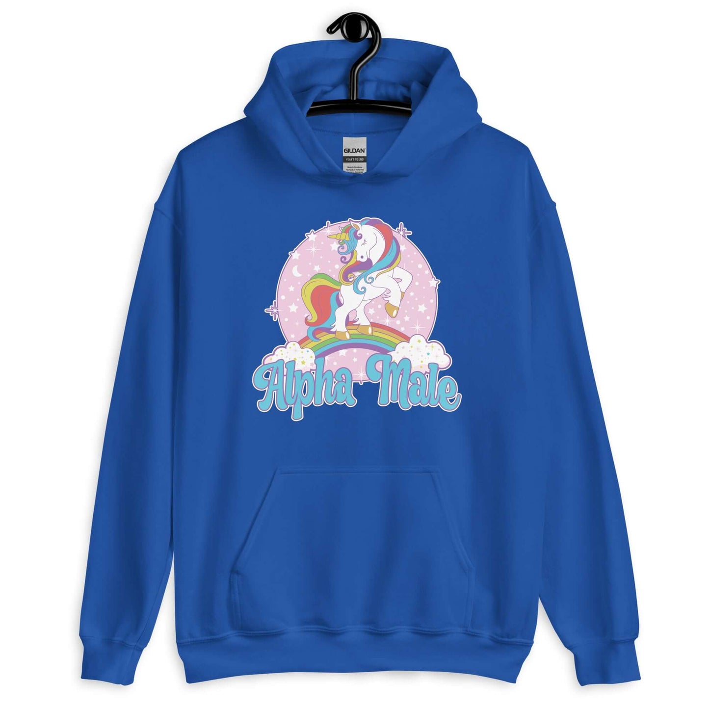 Royal blue hoodie sweatshirt with funny pastel rainbow unicorn graphics and the words Alpha Male printed on the front.