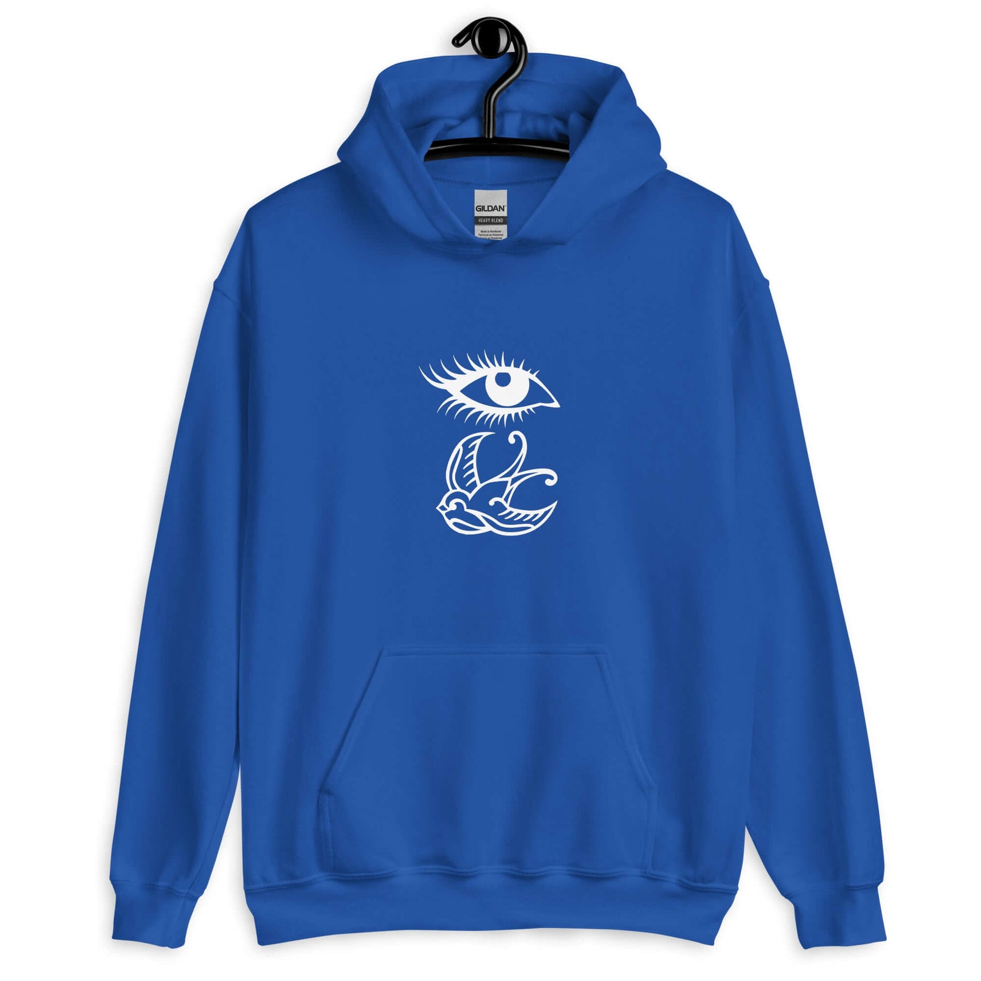 Royal blue hoodie sweatshirt with outline drawing of an eye and a swallow bird printed on the front.