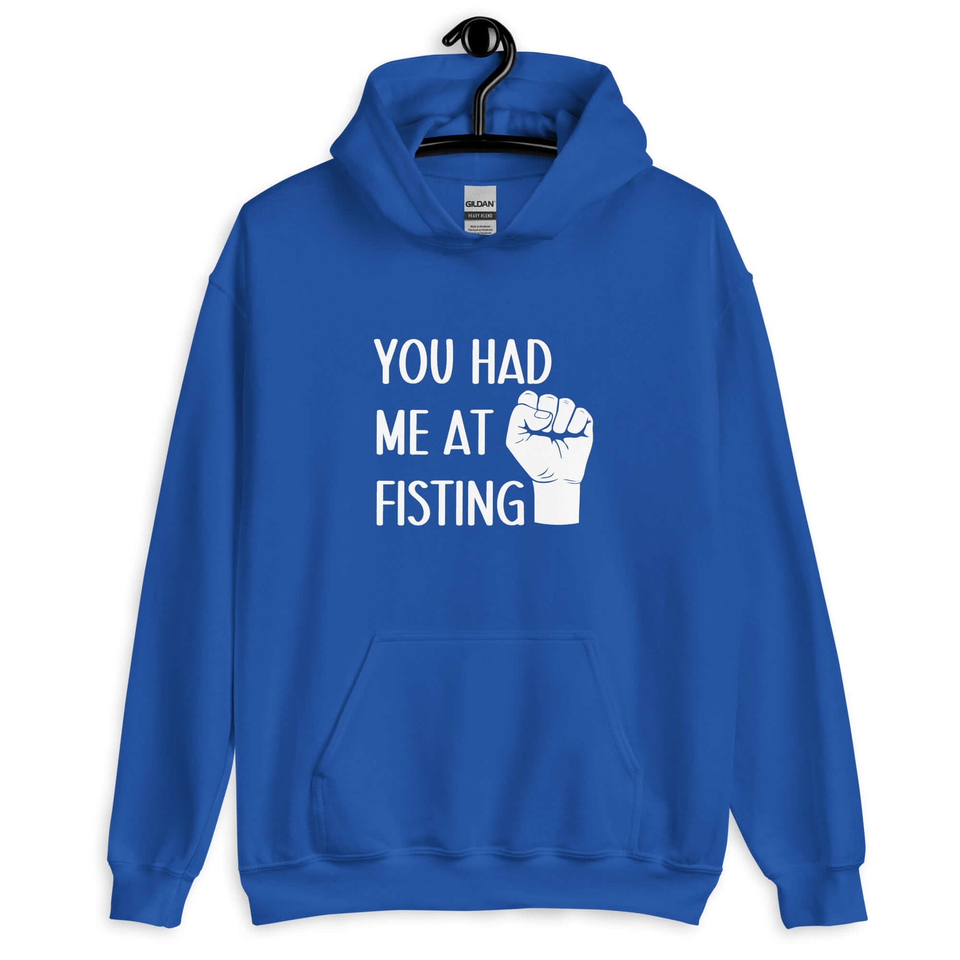 Royal blue hooded sweatshirt with image of a fist and the words You had me at fisting printed on the front.