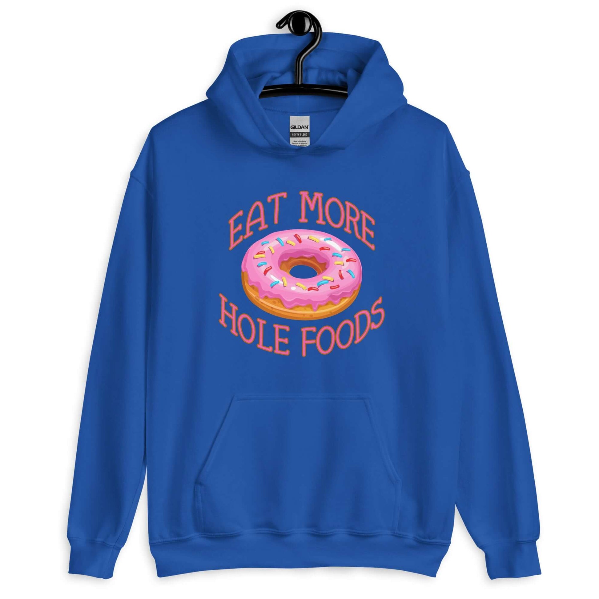 Royal blue hoodie sweatshirt with an image of a donut with pink icing and sprinkles and the words Eat more hole foods printed on the front.