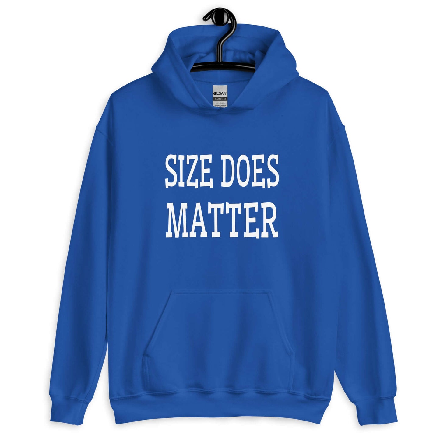 Royal blue hoodie sweatshirt with the phrase Size does matter printed on the front.