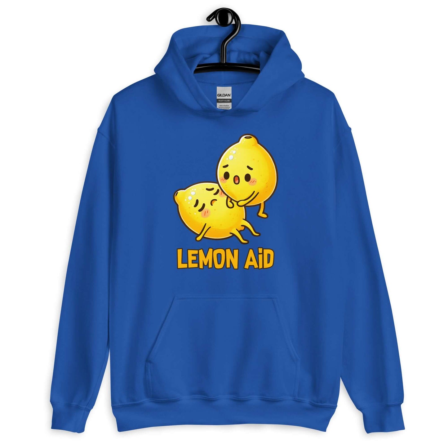 Royal blue hoodie sweatshirt with image of 2 cartoon lemons. One lemon is giving the other lemon CPR. The words Lemon Aid is under the lemons. The graphic is printed on the front.