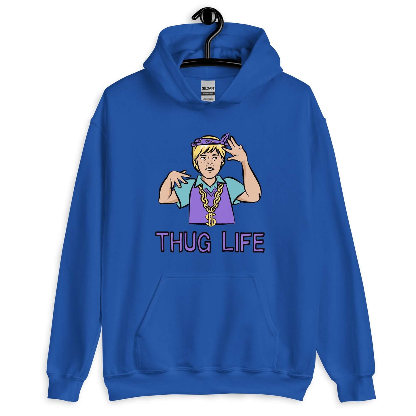 Royal blue hoodie sweatshirt with a parody image of a blond haired child trying to be a gangster with the words Thug Life printed on the front.