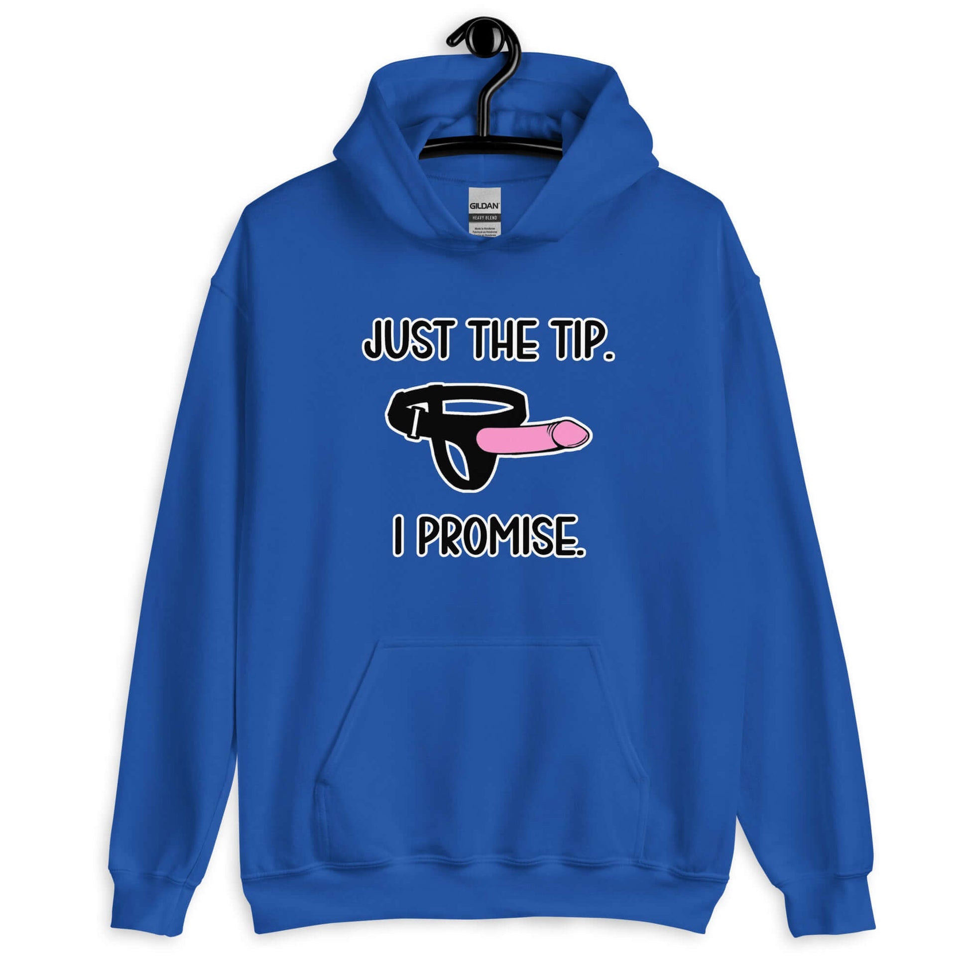 Royal blue hoodie sweatshirt that has an image of a strap-on dildo and the words Just the tip, I promise printed on the front. The graphics are pink, black and white.