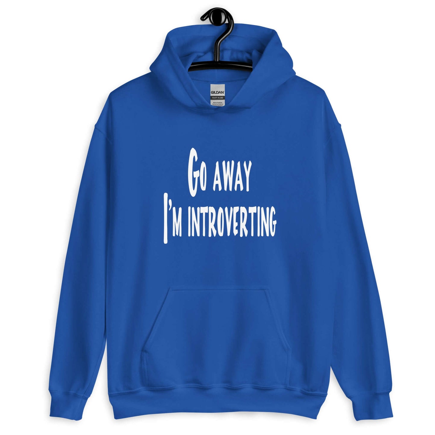 Royal blue hoodie sweatshirt with the phrase Go away, I'm introverting printed on the front.