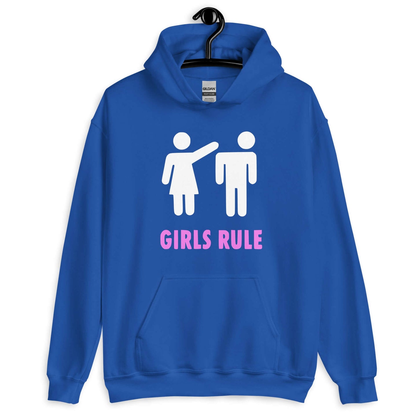 Royal blue hoodie sweatshirt. The sweatshirt has an image of a stick figure man and woman. The woman is punching the mans head off and the words Girls rule is printed beneath in hot pink. The graphics are printed on the front of the hoodie.