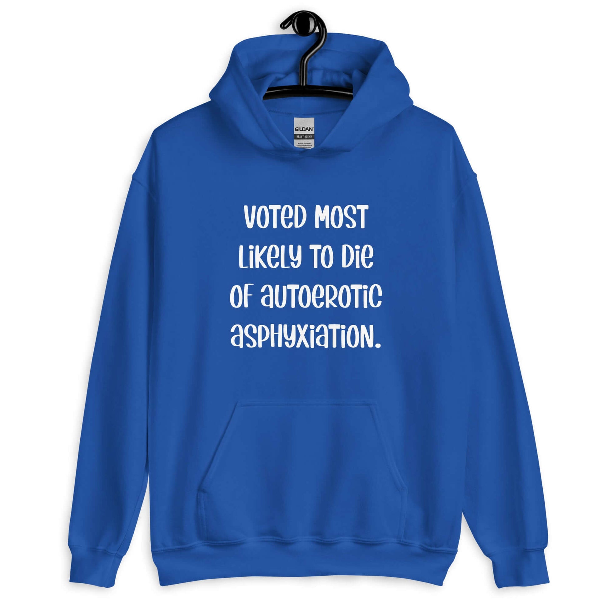 Royal blue hoodie sweatshirt with the phrase Voted most likely to die of autoerotic asphyxiation printed on the front.