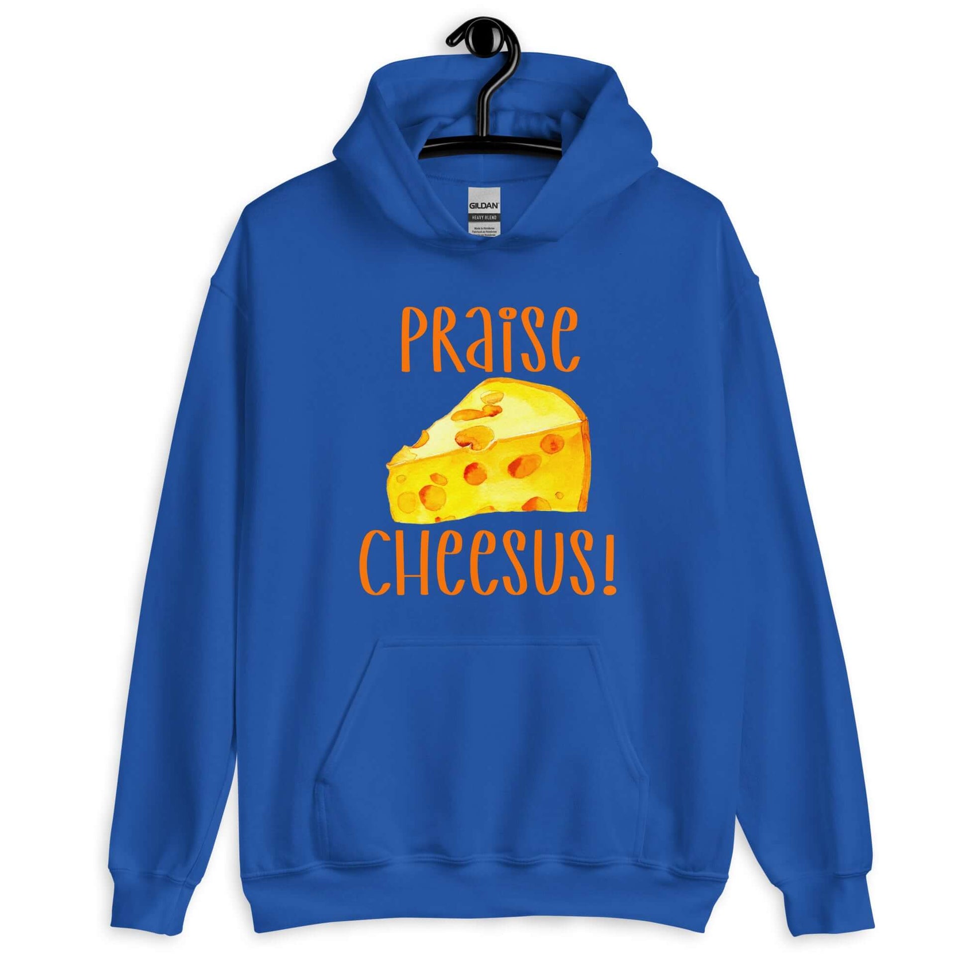 Royal blue hoodie sweatshirt with funny graphics of a piece of swiss cheese and the words Praise Cheesus printed on the front of the hoodie in yellow and orange.