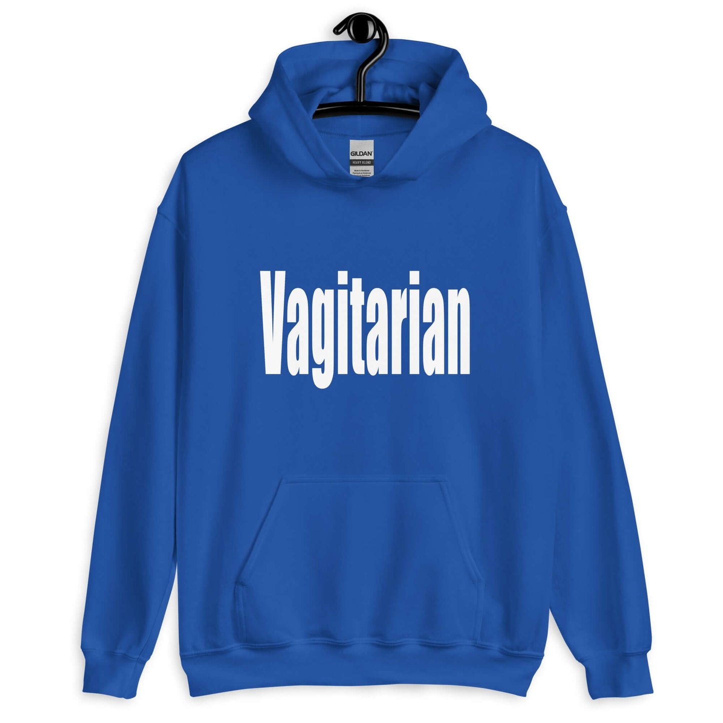 Royal blue hoodie sweatshirt with the word Vagitarian printed on the front.