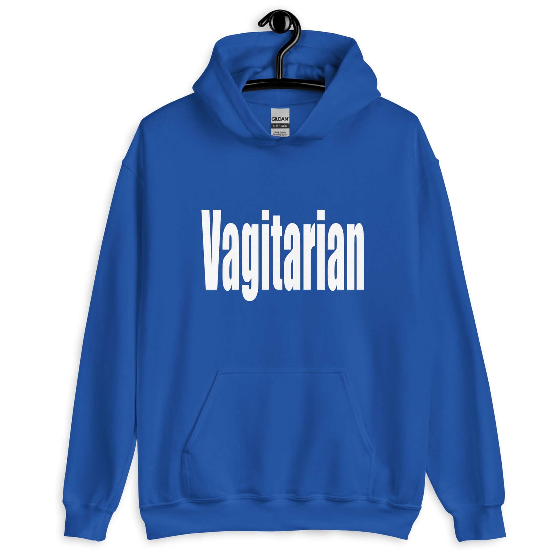 Royal blue hoodie sweatshirt with the word Vagitarian printed on the front.