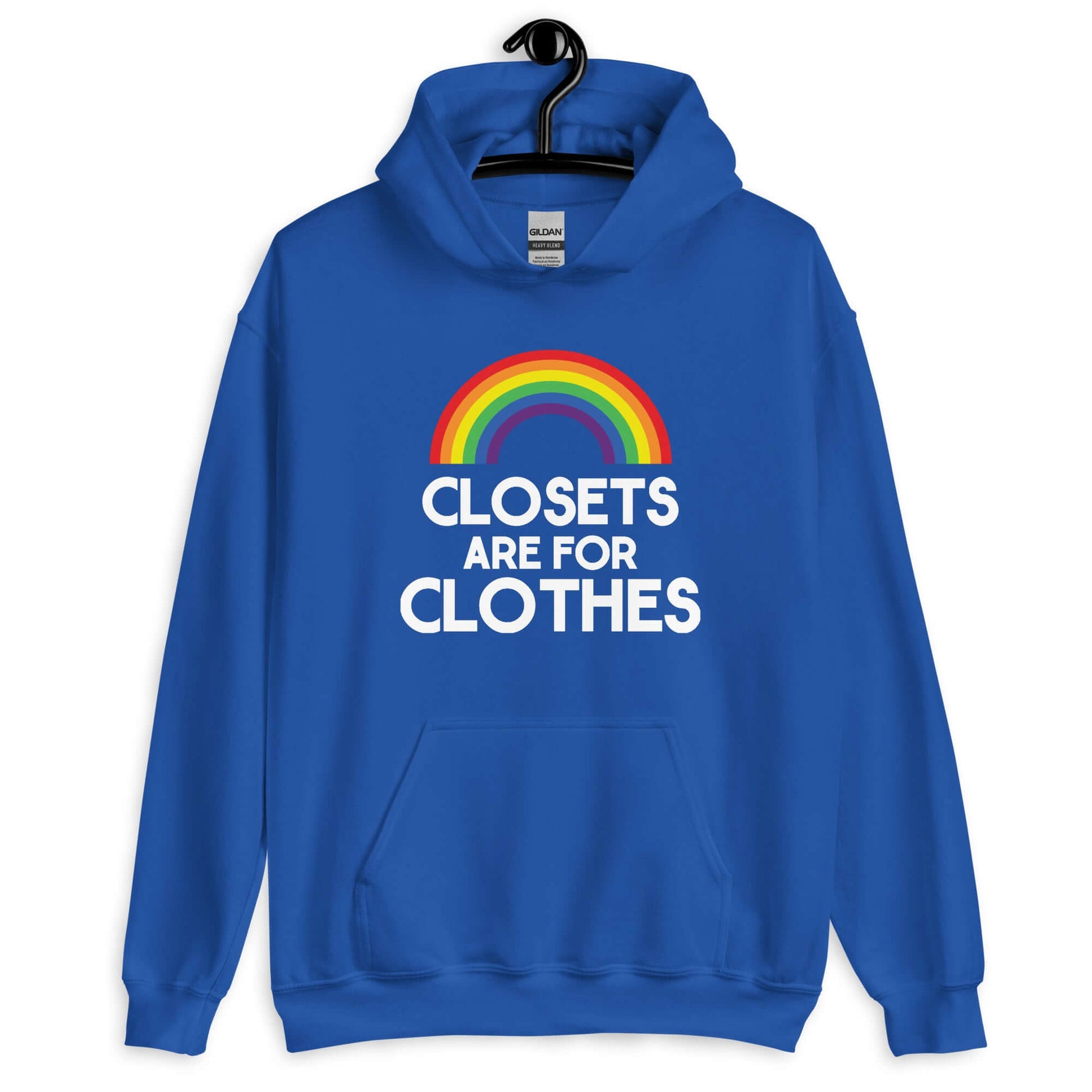 Royal blue hoodie sweatshirt with a rainbow and the words Clothes are for closets printed on the front.