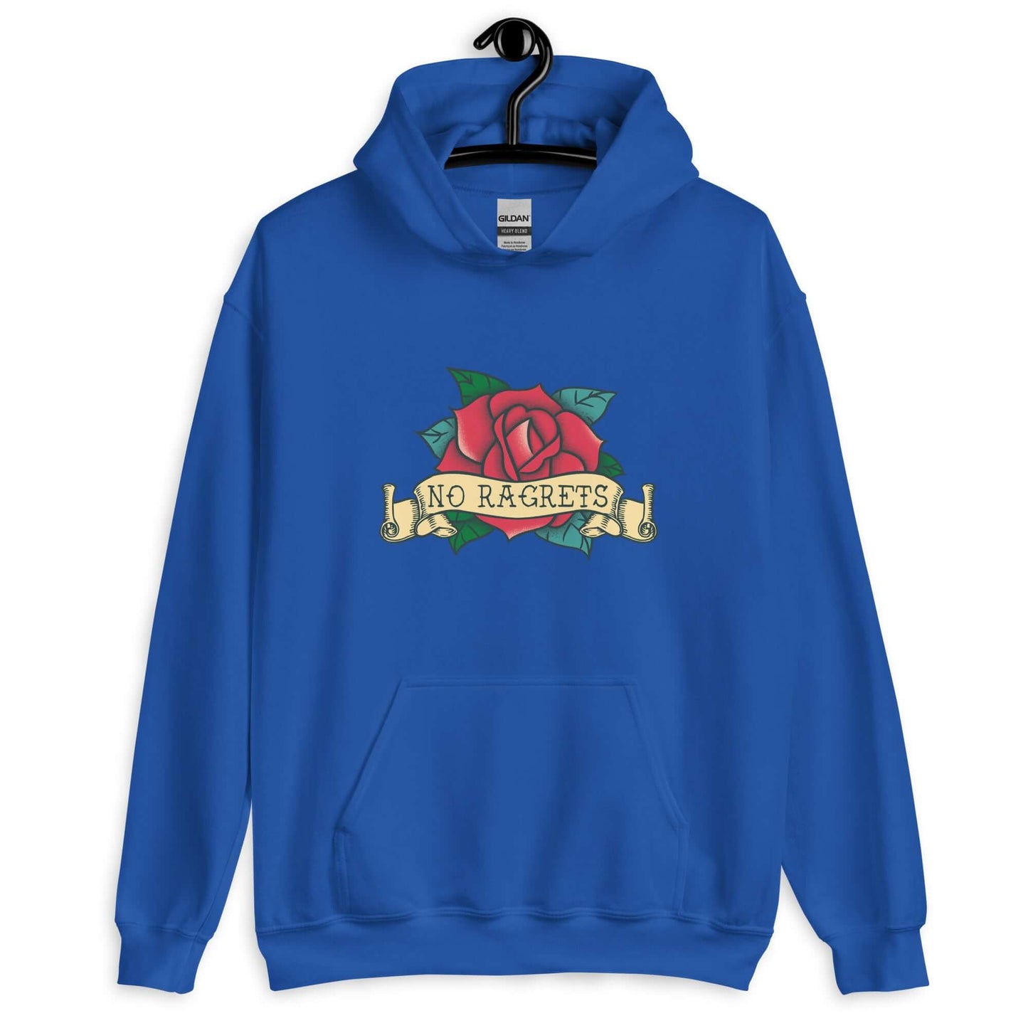 Royal blue hoodie sweatshirt with funny image of an old school rose flash tattoo with the words no ragrets intentionally misspelled.