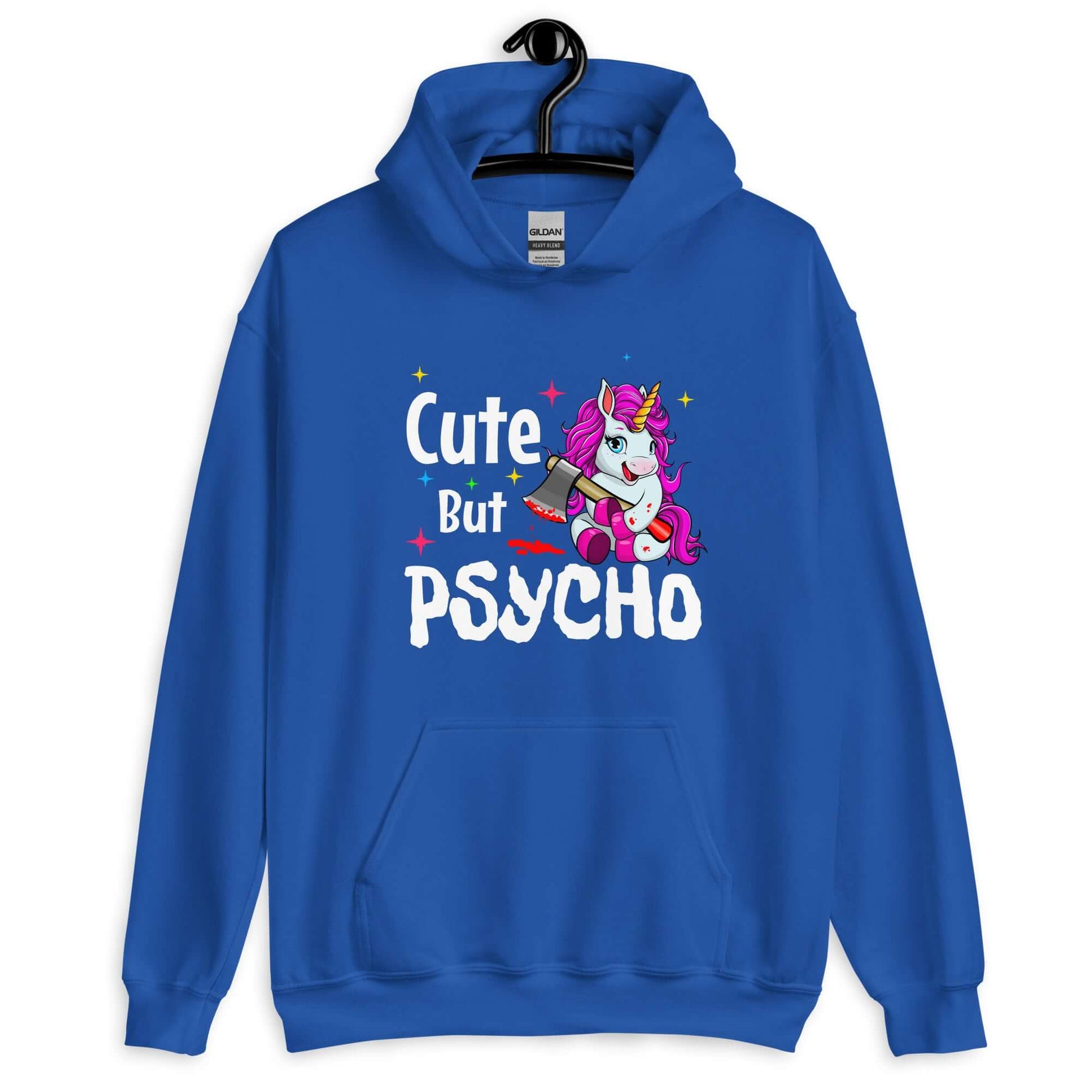 Royal blue hoodie sweatshirt with a graphic of a unicorn holding a knife & the words Cute but psycho printed on the front.