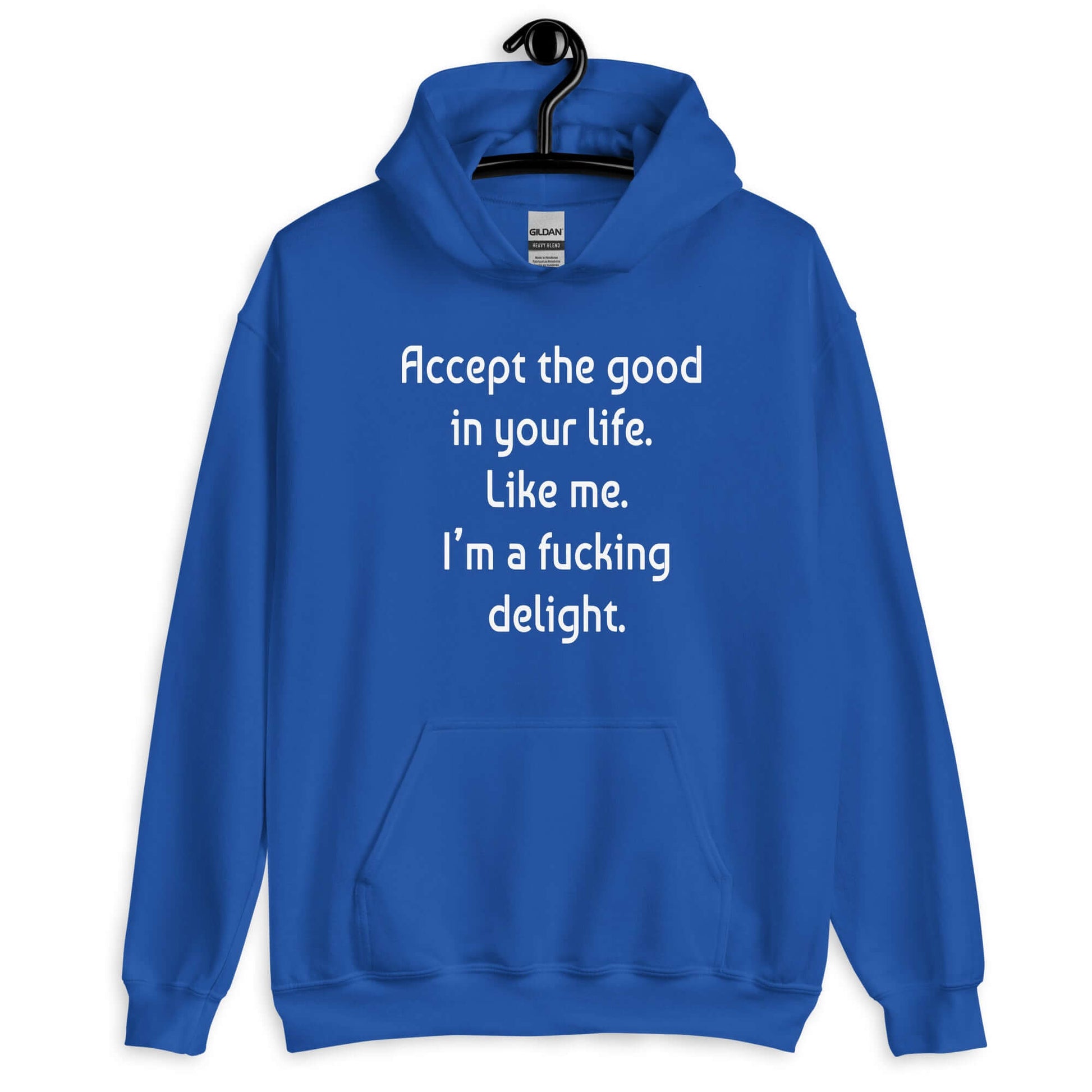 Royal blue hoodie sweatshirt with the funny phrase Accept the good in your life, like me, I'm a fucking delight printed on the front.