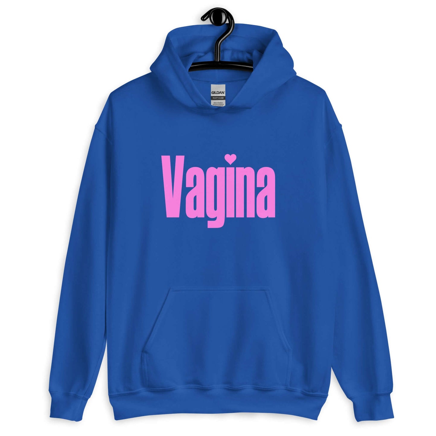 Royal blue hoodie sweatshirt with the word Vagina printed on the front. The word vagina is in pink color text.