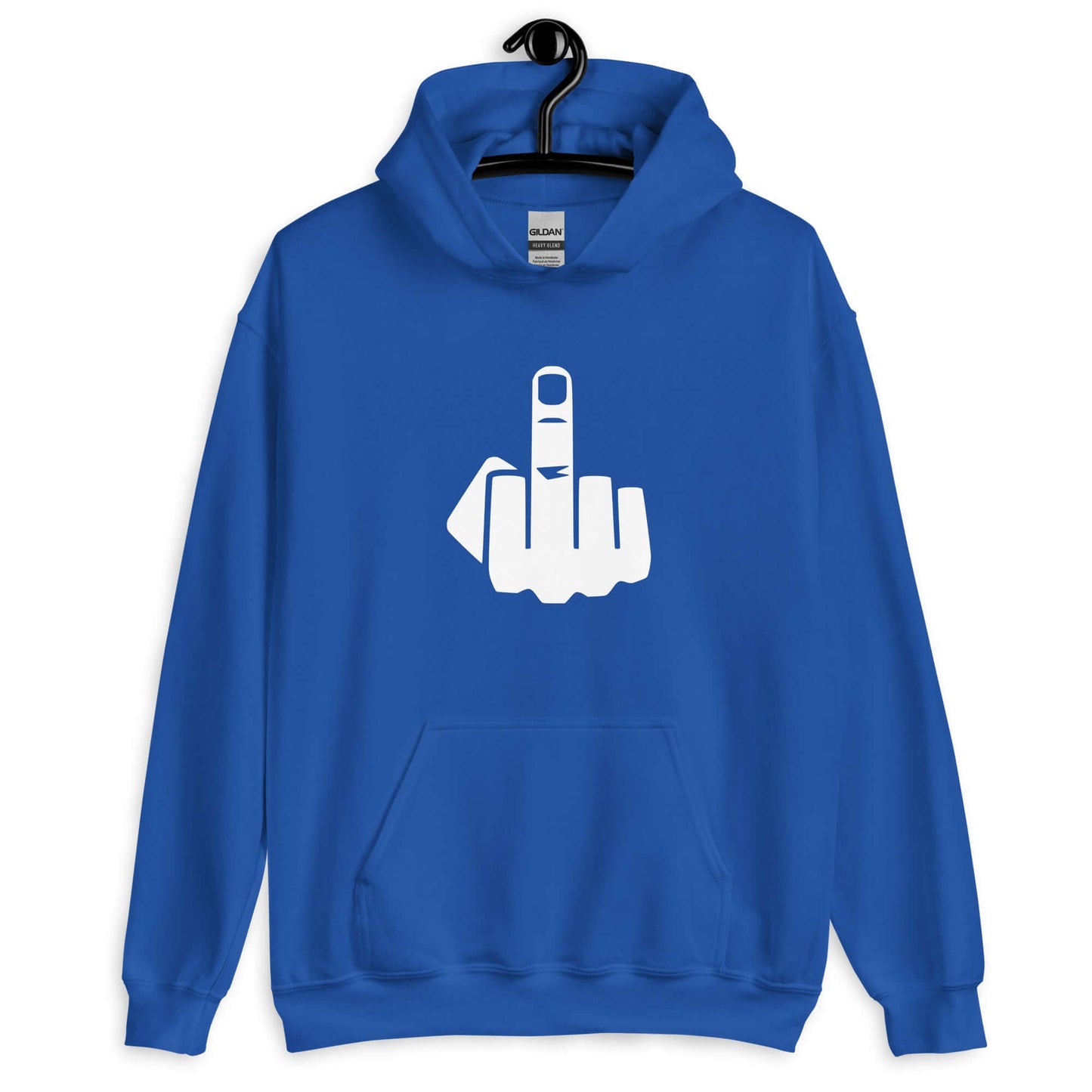 Royal blue hoodie sweatshirt with an image of middle finger silhouette printed on the front.