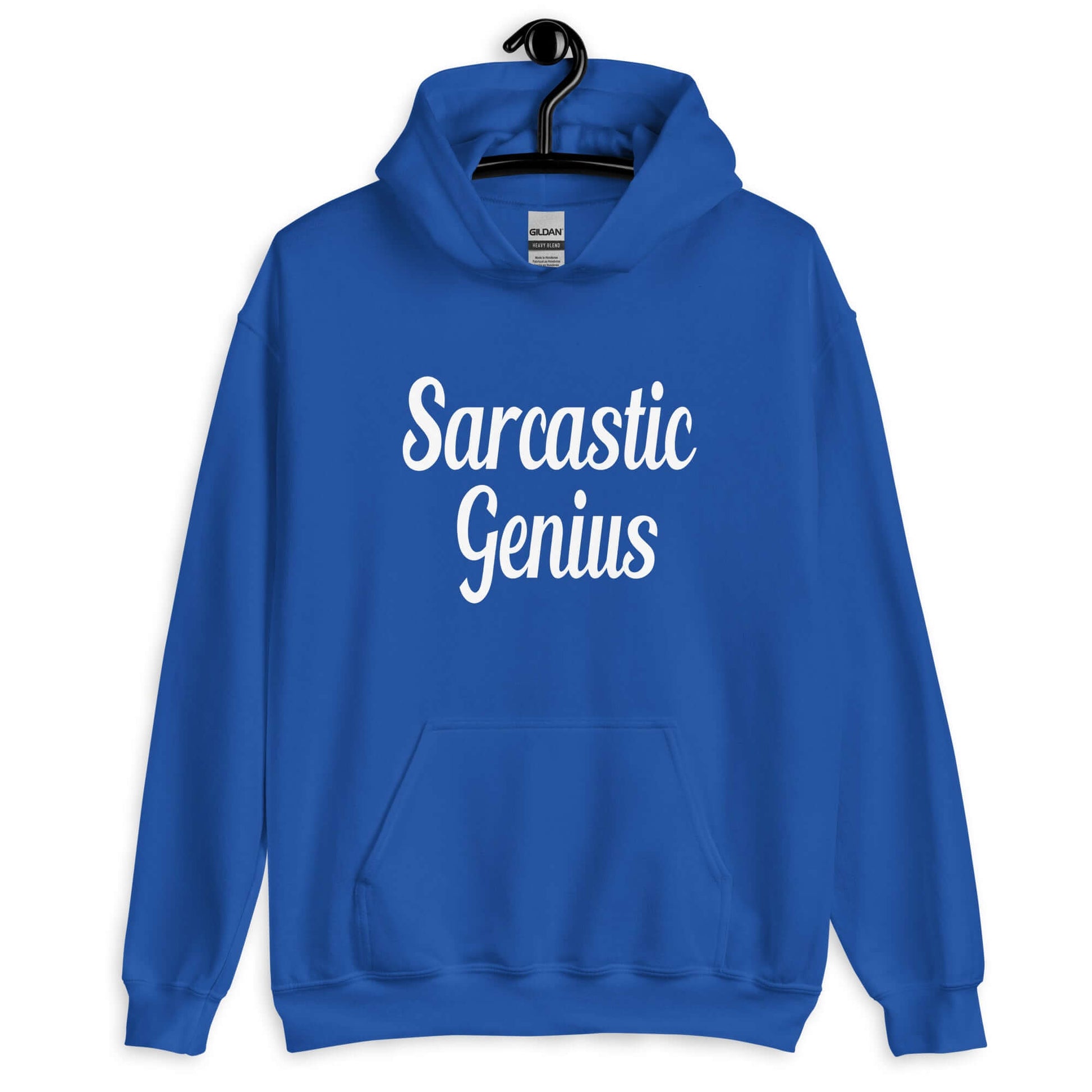 Royal blue hoodie sweatshirt with the words Sarcastic Genius printed on the front.