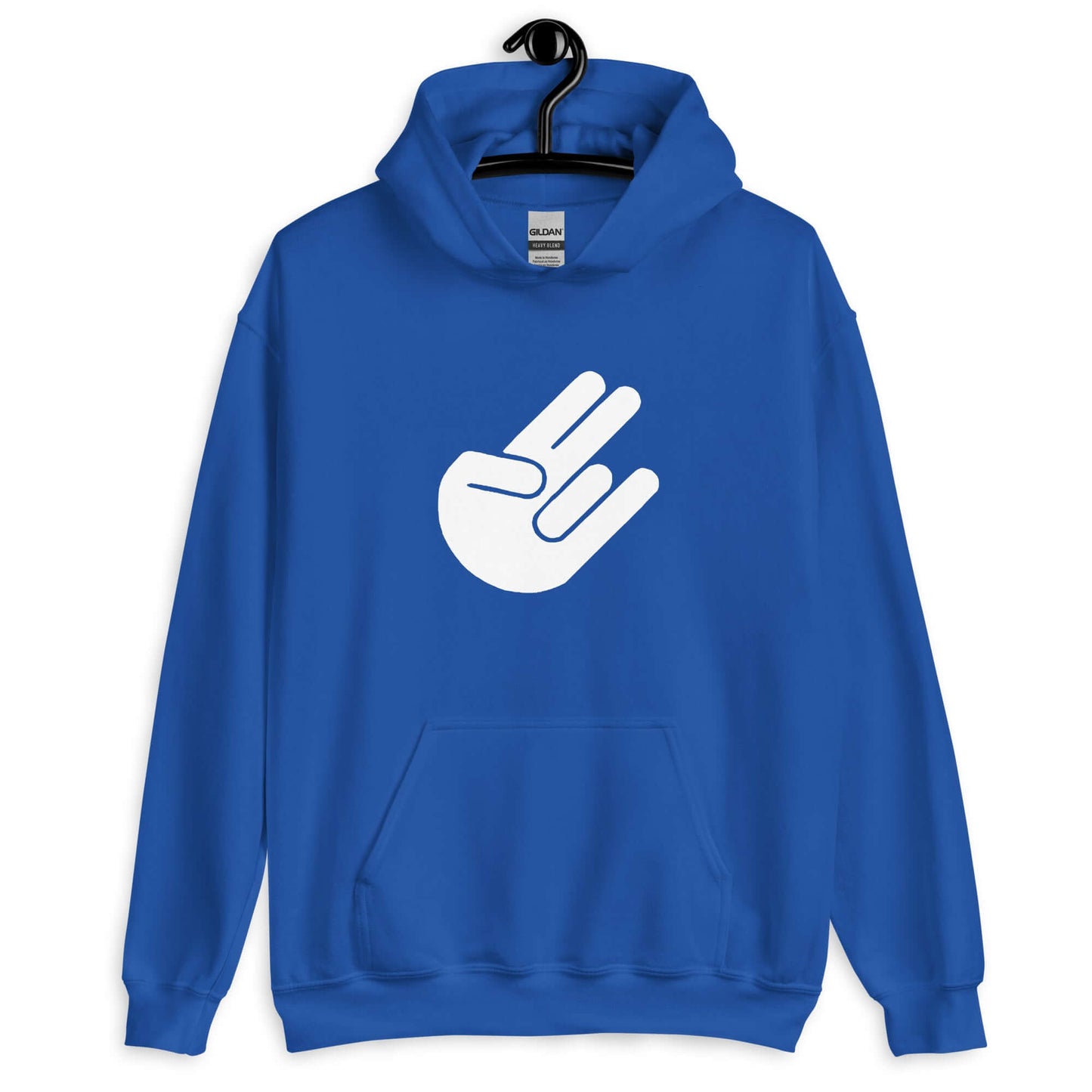 Royal blue hoodie sweatshirt with the universal hand symbol for The Shocker printed on the front.