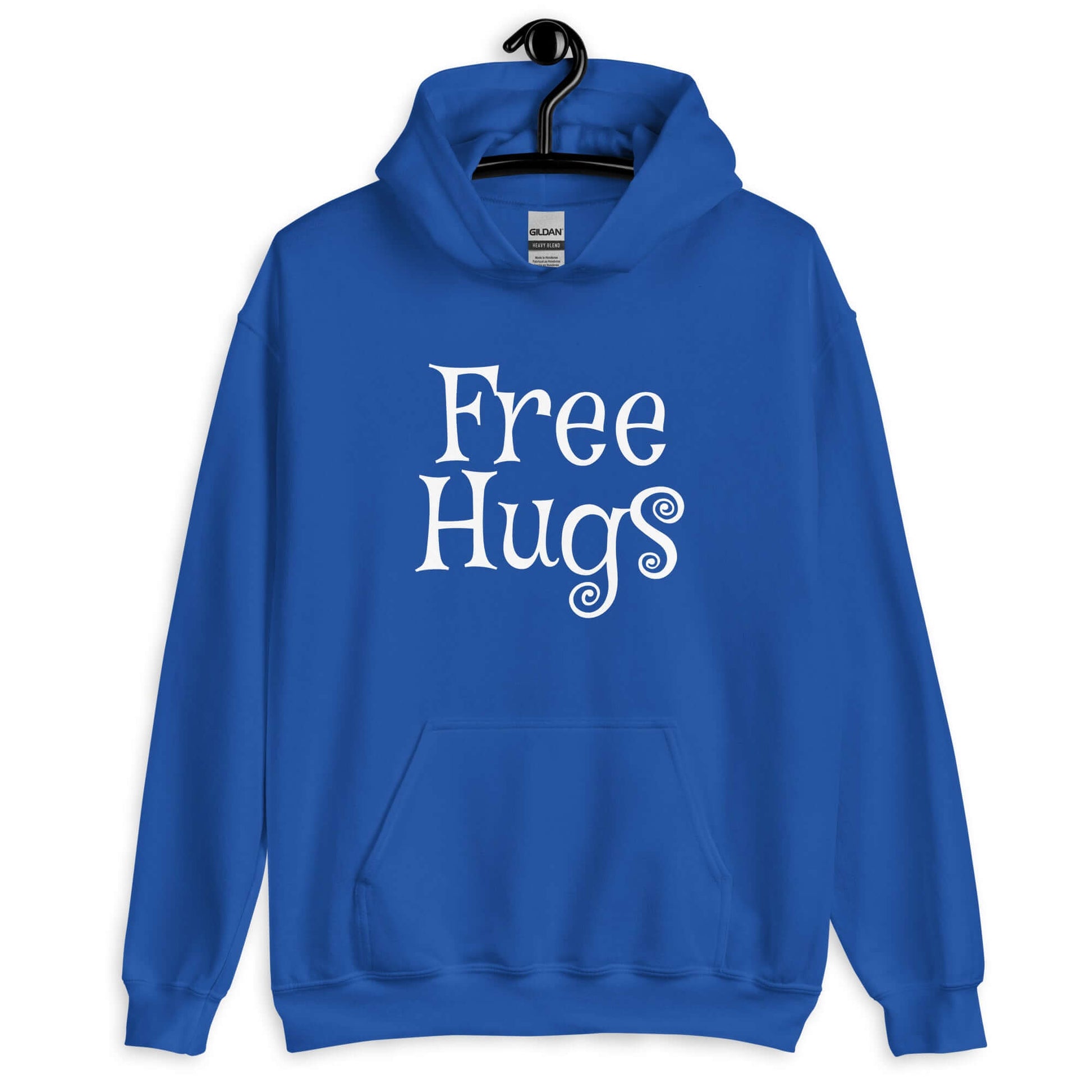 Royal blue hoodie sweatshirt with the words Free Hugs printed on the front.