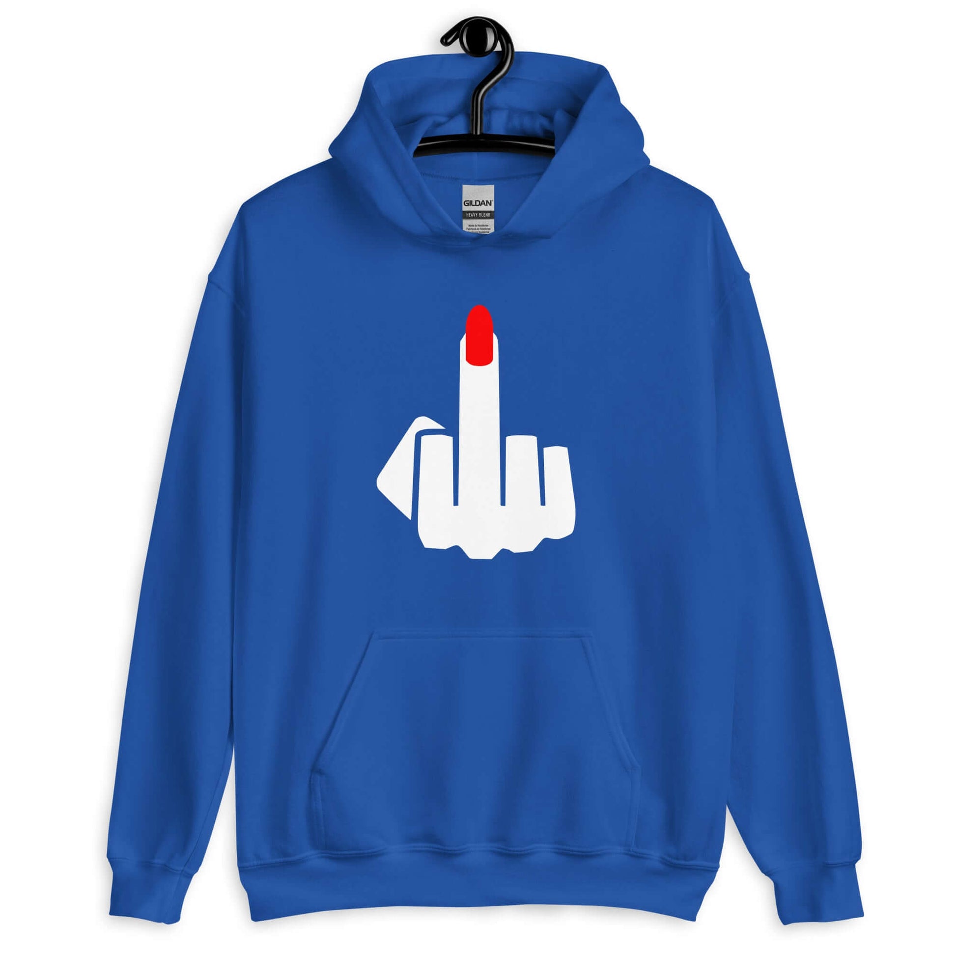 Royal blue hoodie sweatshirt with an image of a middle finger with long red fingernail silhouette printed on the front.