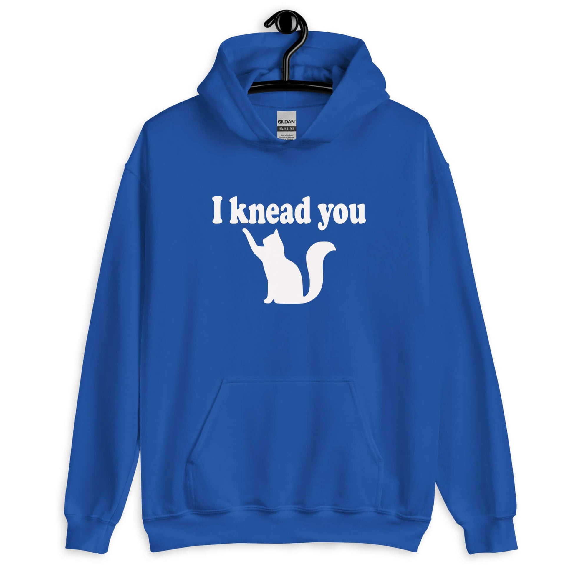 Royal blue hoodie sweatshirt that has an image of a silhouette of a cat and the words I knead you printed on the front.