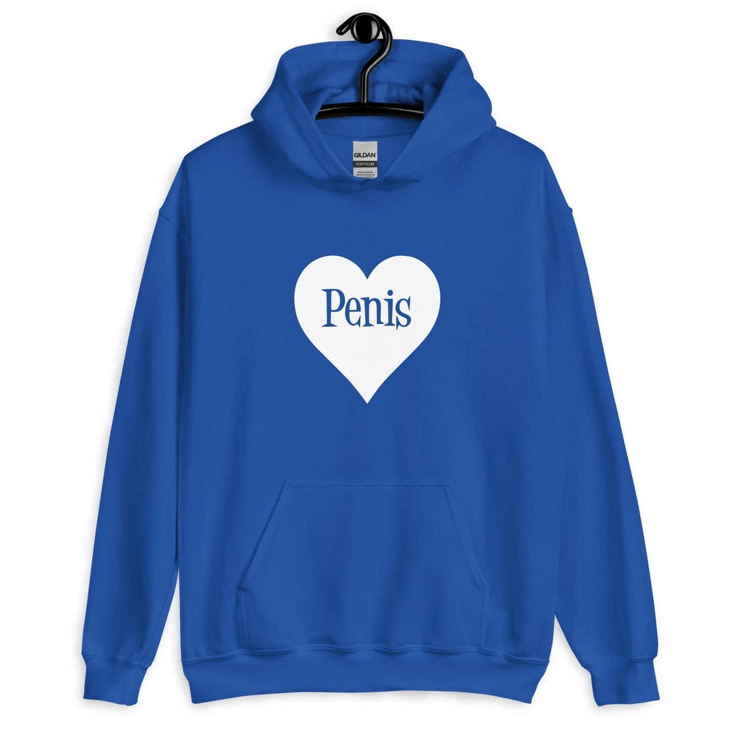 Royal blue hoodie sweatshirt with a heart image printed on the front. The word penis is inside the heart