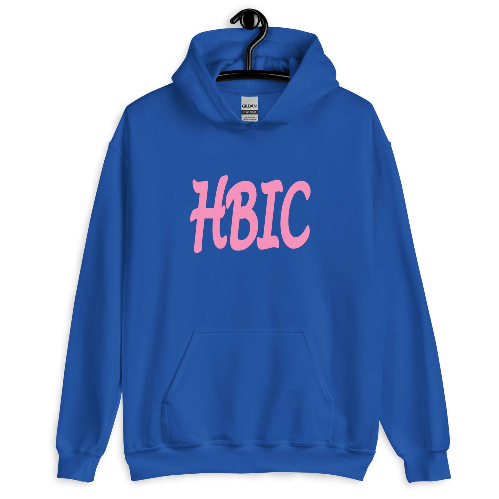 Royal blue hoodie sweatshirt with the acronym HBIC printed on the front in pink text.