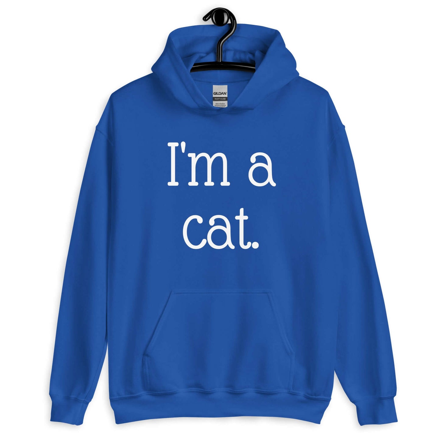 Royal blue hoodie sweatshirt with the words I'm a cat printed on the front.