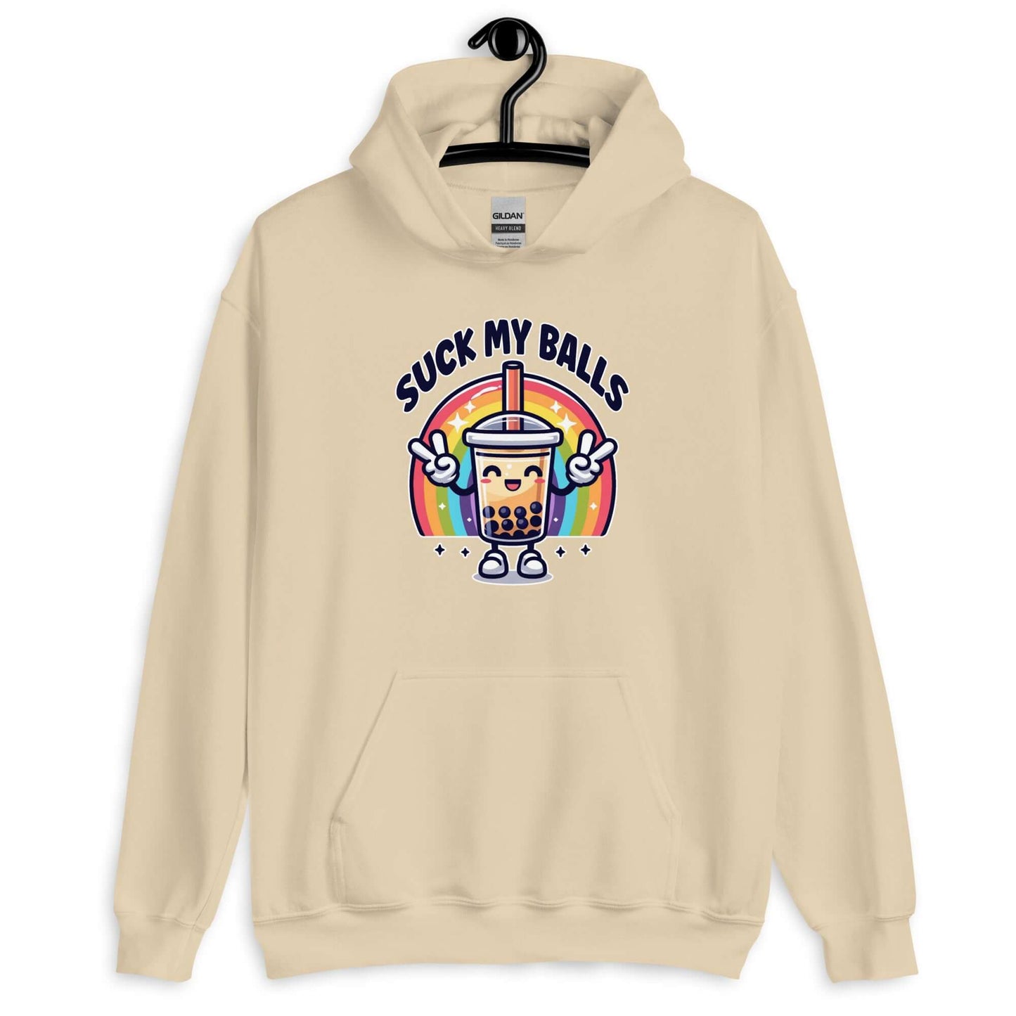 Sand hoodie with graphics of a rainbow and a smiling boba bubble tea. The bubble tea has arms and legs. The phrase Suck my balls is printed above the rainbow. The graphics are on the front of the hoodie.