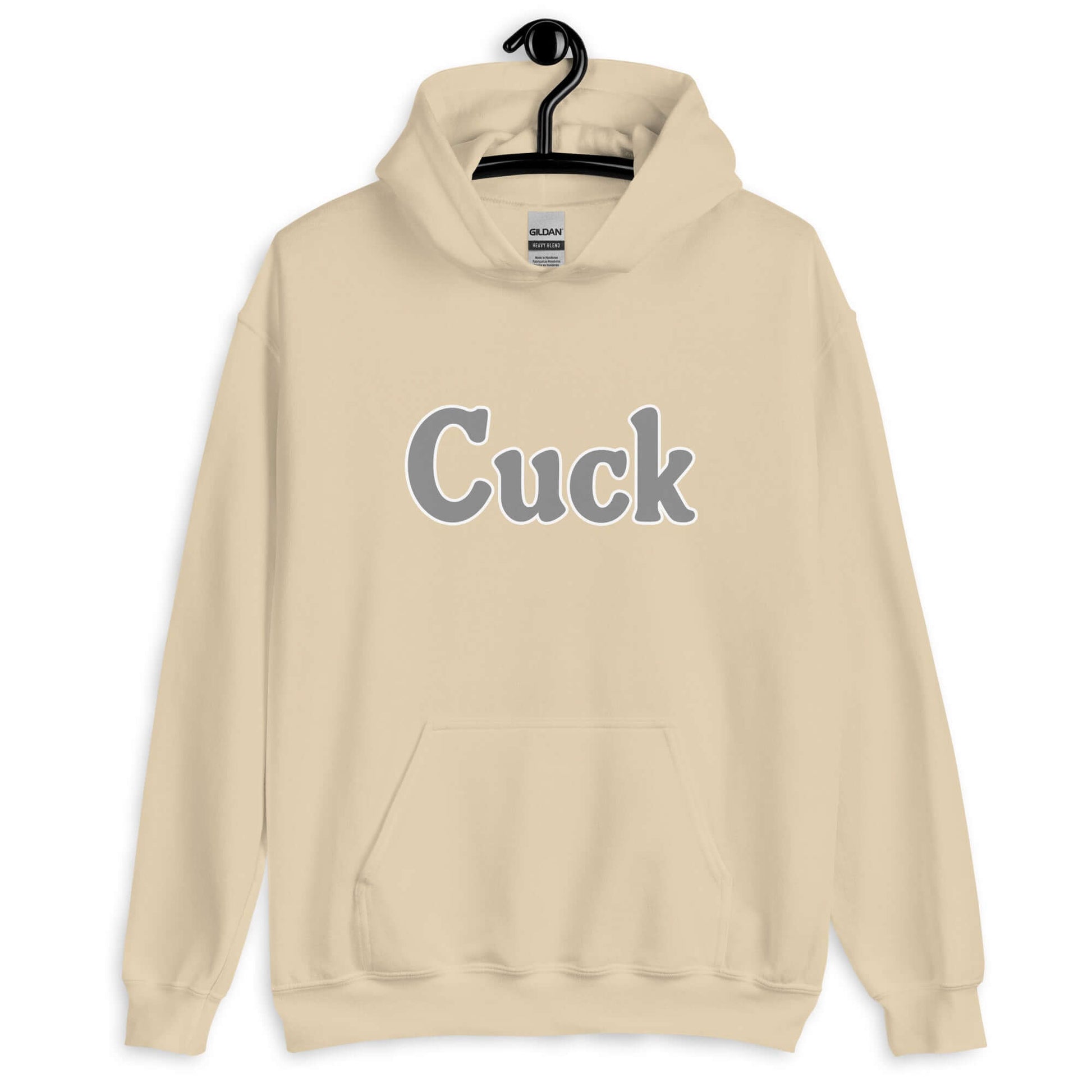 Sand color hoodie sweatshirt with the word Cuck printed on the front in grey.