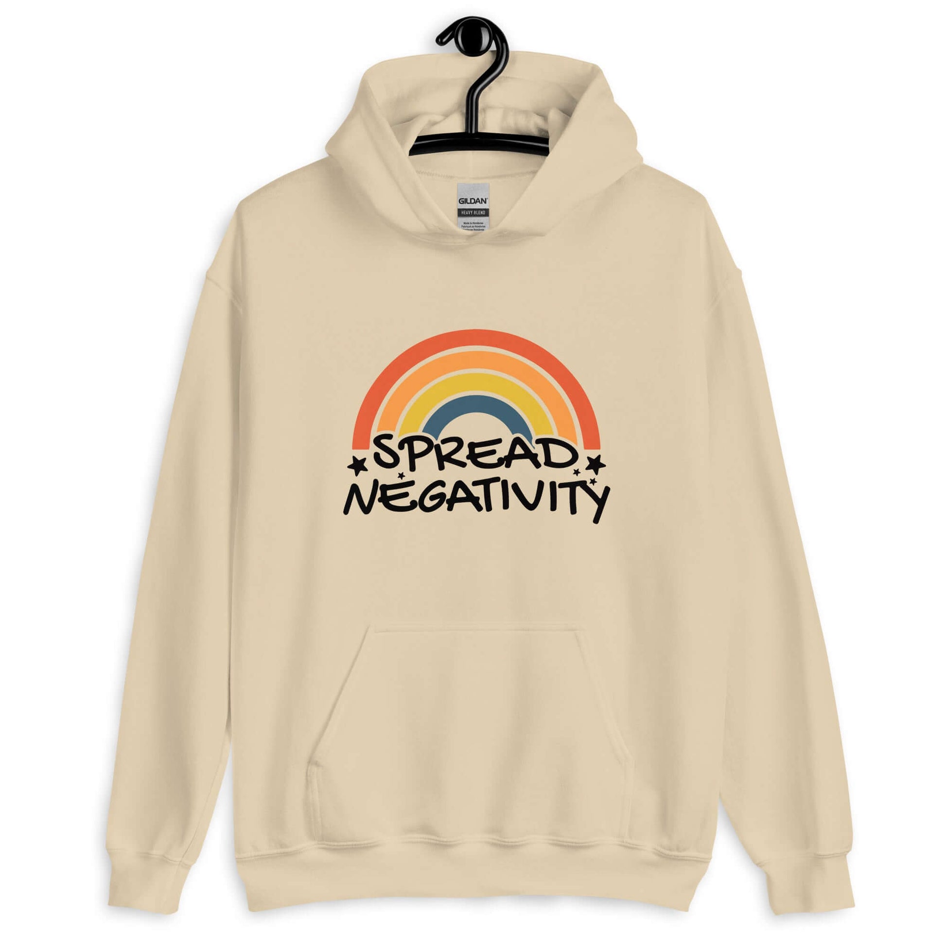 Sand hoodie sweatshirt with a graphic of a rainbow and the words Spread negativity printed on the front.