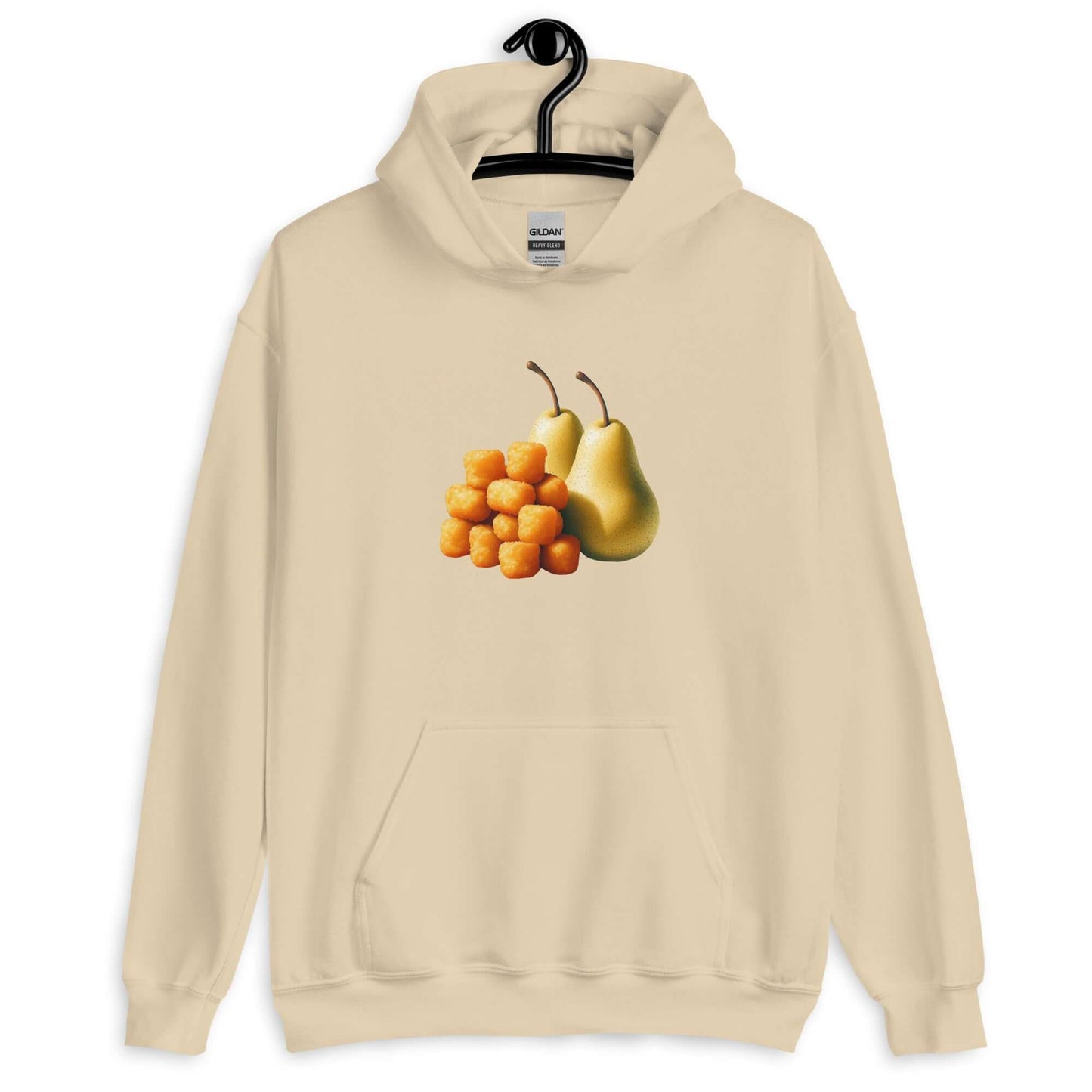 Sand hoodie with an image of tater tots and two pears printed on the front.