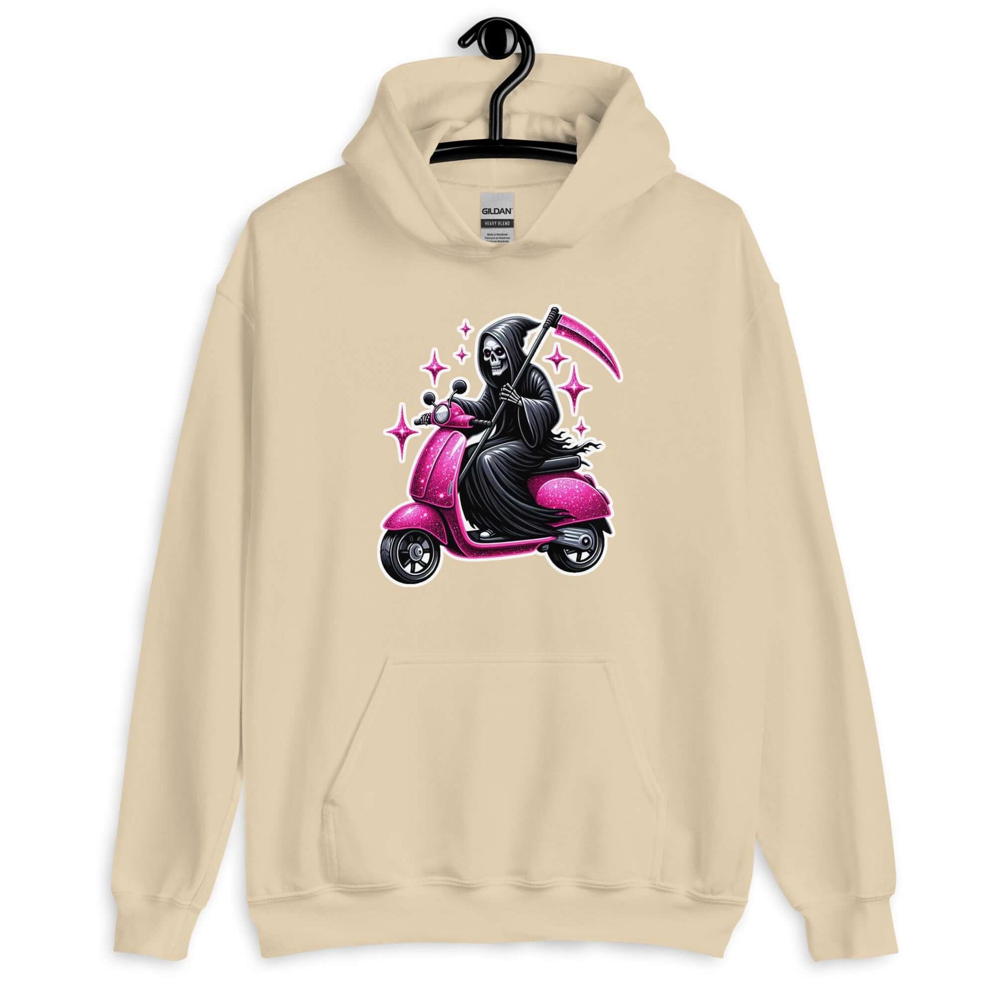 Sand hoodie sweatshirt with funny image of the Grim Reaper riding on a glam pink scooter printed on the front.