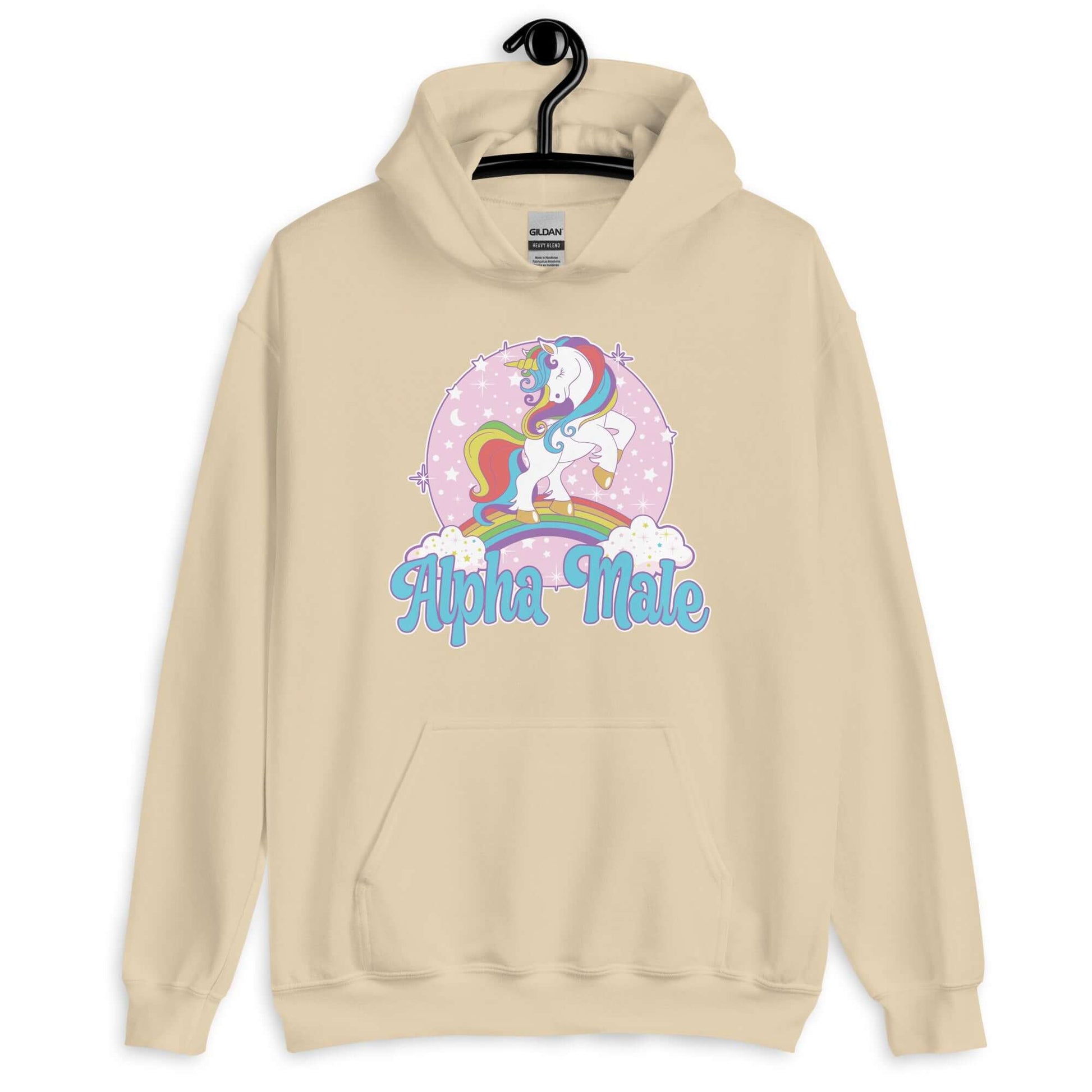 Sand hoodie sweatshirt with funny pastel rainbow unicorn graphics and the words Alpha Male printed on the front.