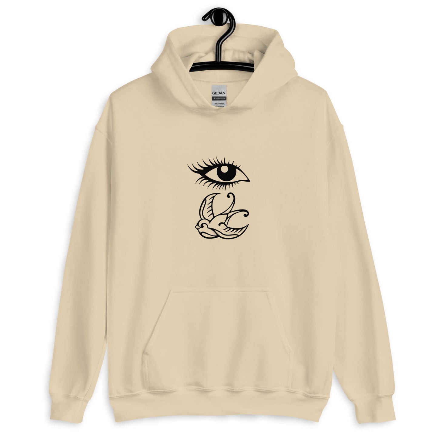 Sand hoodie sweatshirt with outline drawing of an eye and a swallow bird printed on the front.