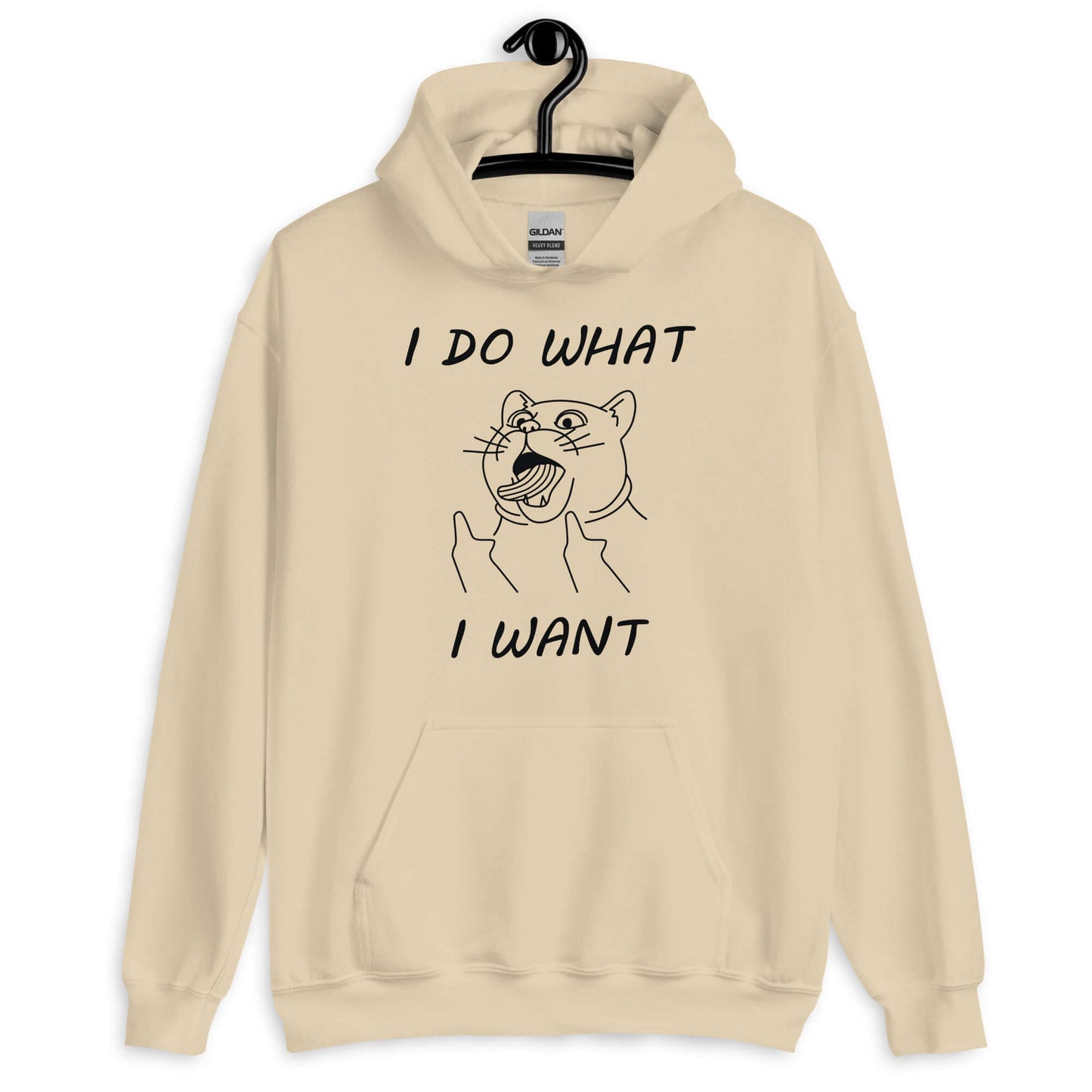 Sand color hoodie sweatshirt with cat flipping middle fingers and the words I do what I want printed on the front.