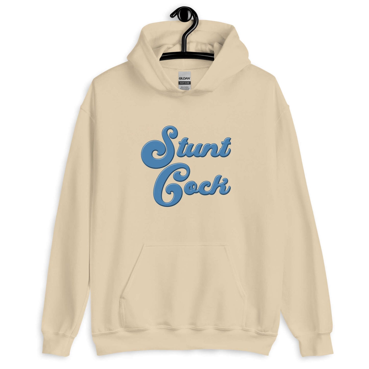 Sand color hoodie sweatshirt with the words Stunt Cock printed on the front in blue.