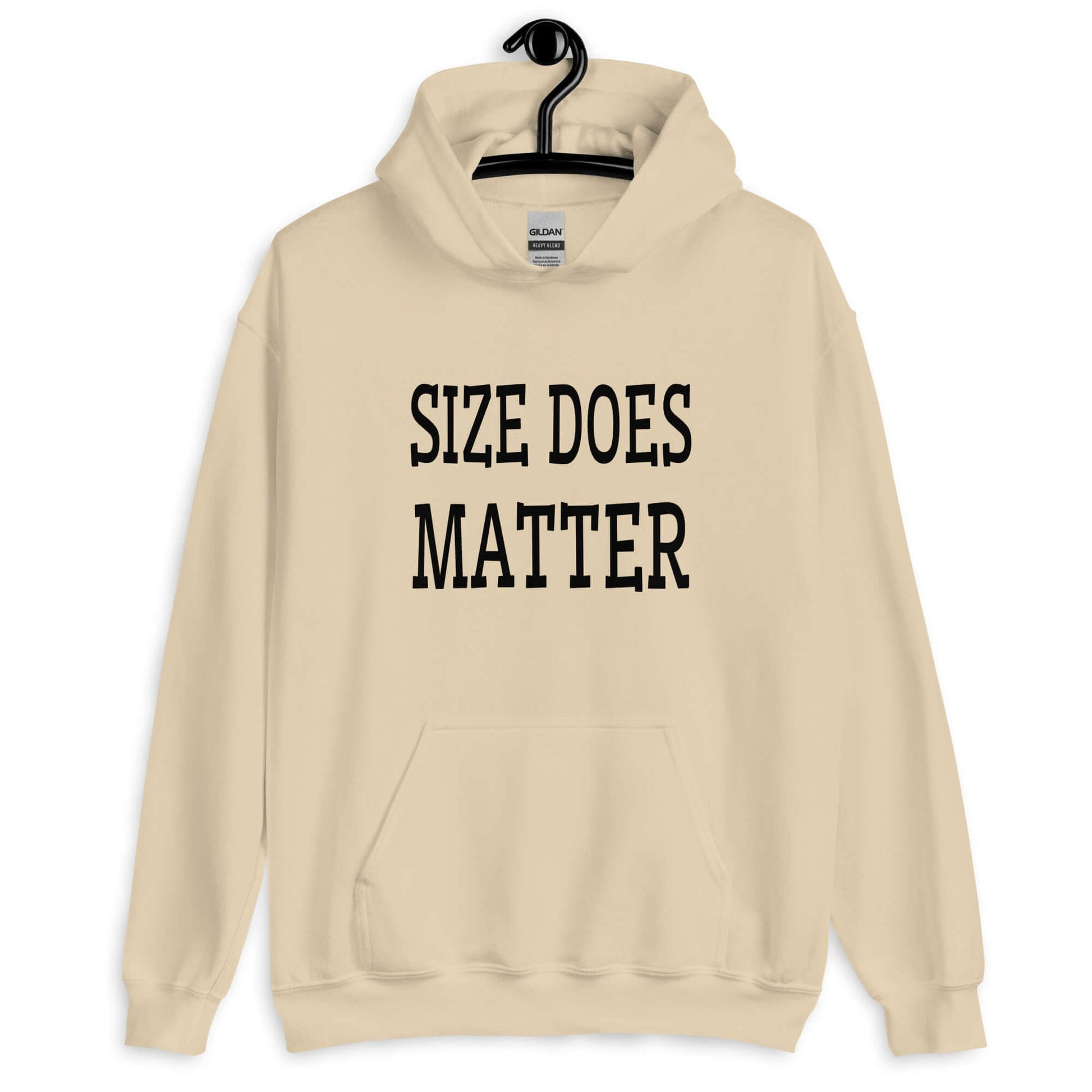 Sand color hoodie sweatshirt with the phrase Size does matter printed on the front.