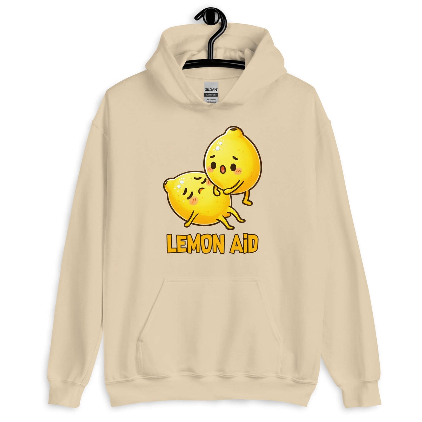 Sand color hoodie sweatshirt with image of 2 cartoon lemons. One lemon is giving the other lemon CPR. The words Lemon Aid is under the lemons. The graphic is printed on the front.