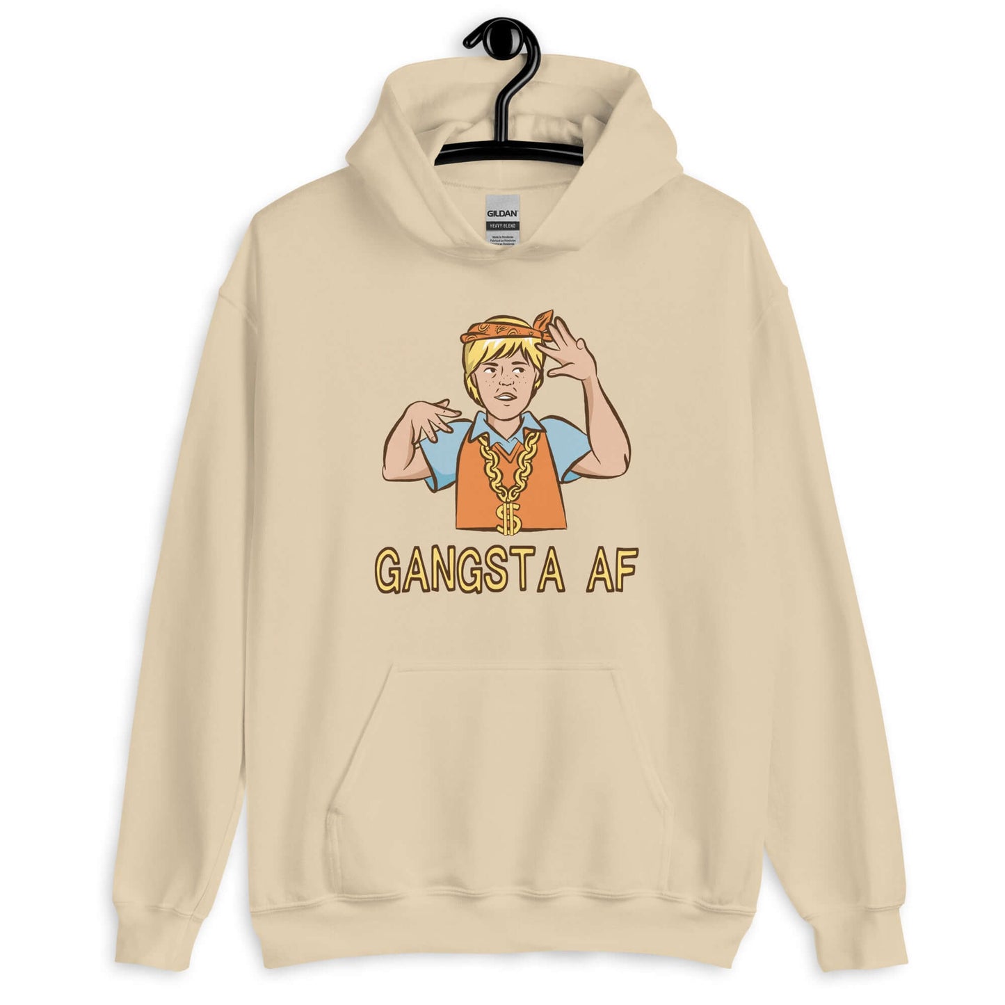 Sand color hoodie sweatshirt with a parody image of a blond haired child trying to be a gangster with the words Gangsta AF printed on the front.