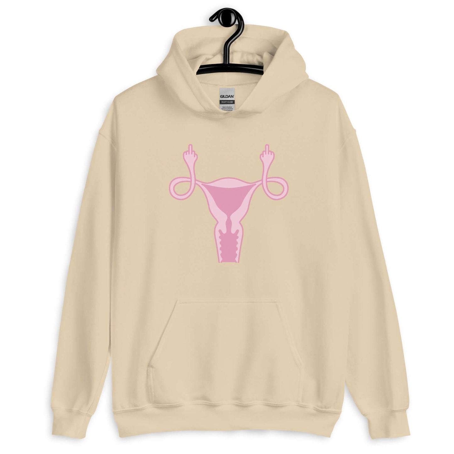 Sand color hoodie sweatshirt with image of a pink uterus flipping middle finger graphic printed on the front.