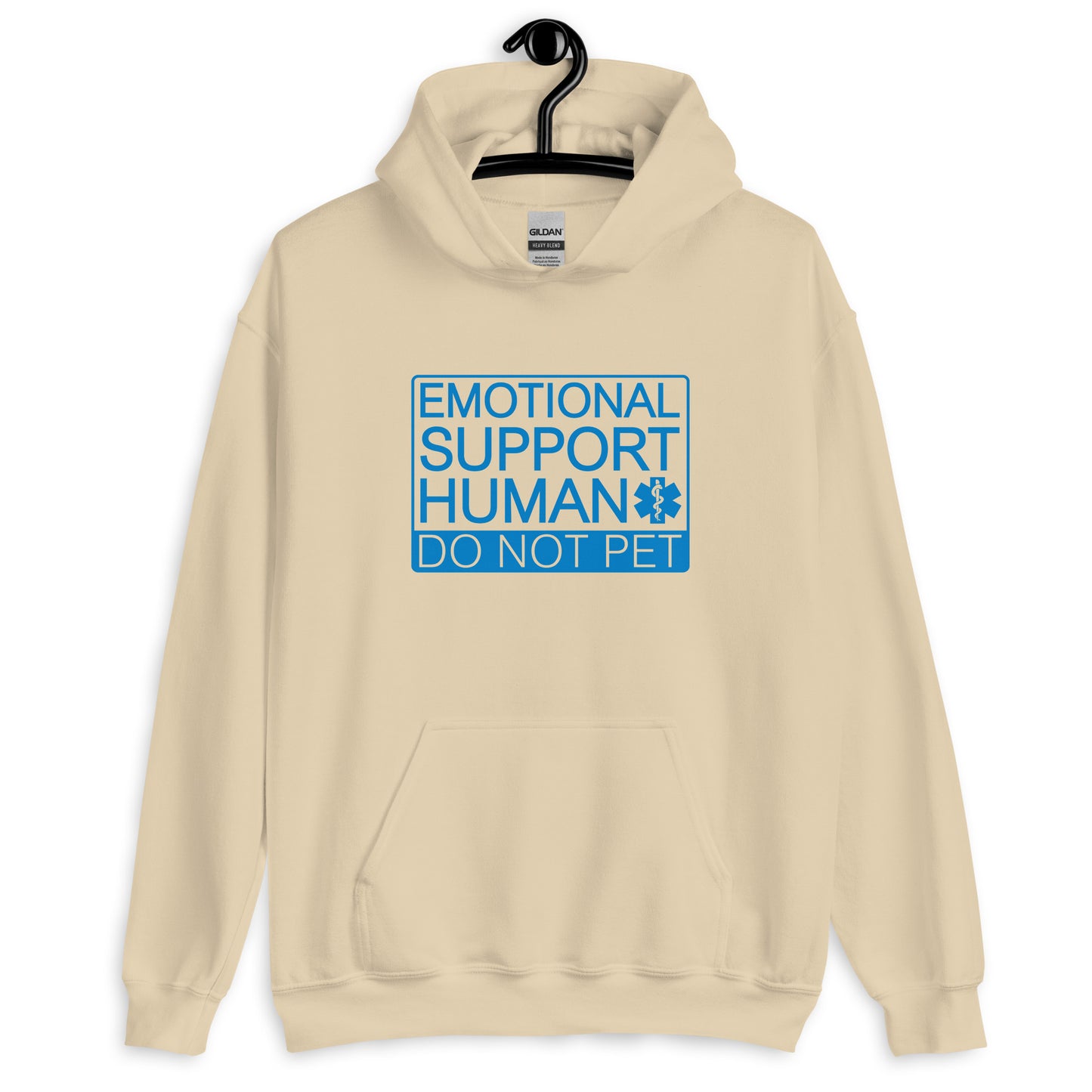 Sand color hoodie sweatshirt with the words Emotional support human, do not pet printed on the front.