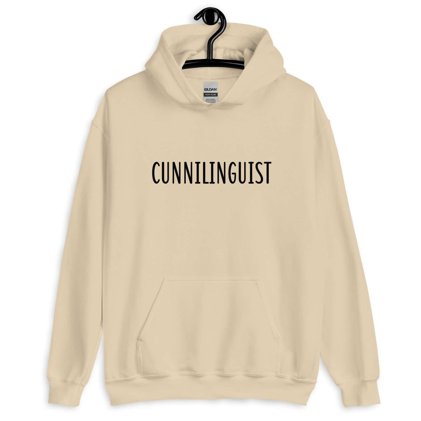 Sand color hoodie sweatshirt with the word Cunnilinguist printed on the front.