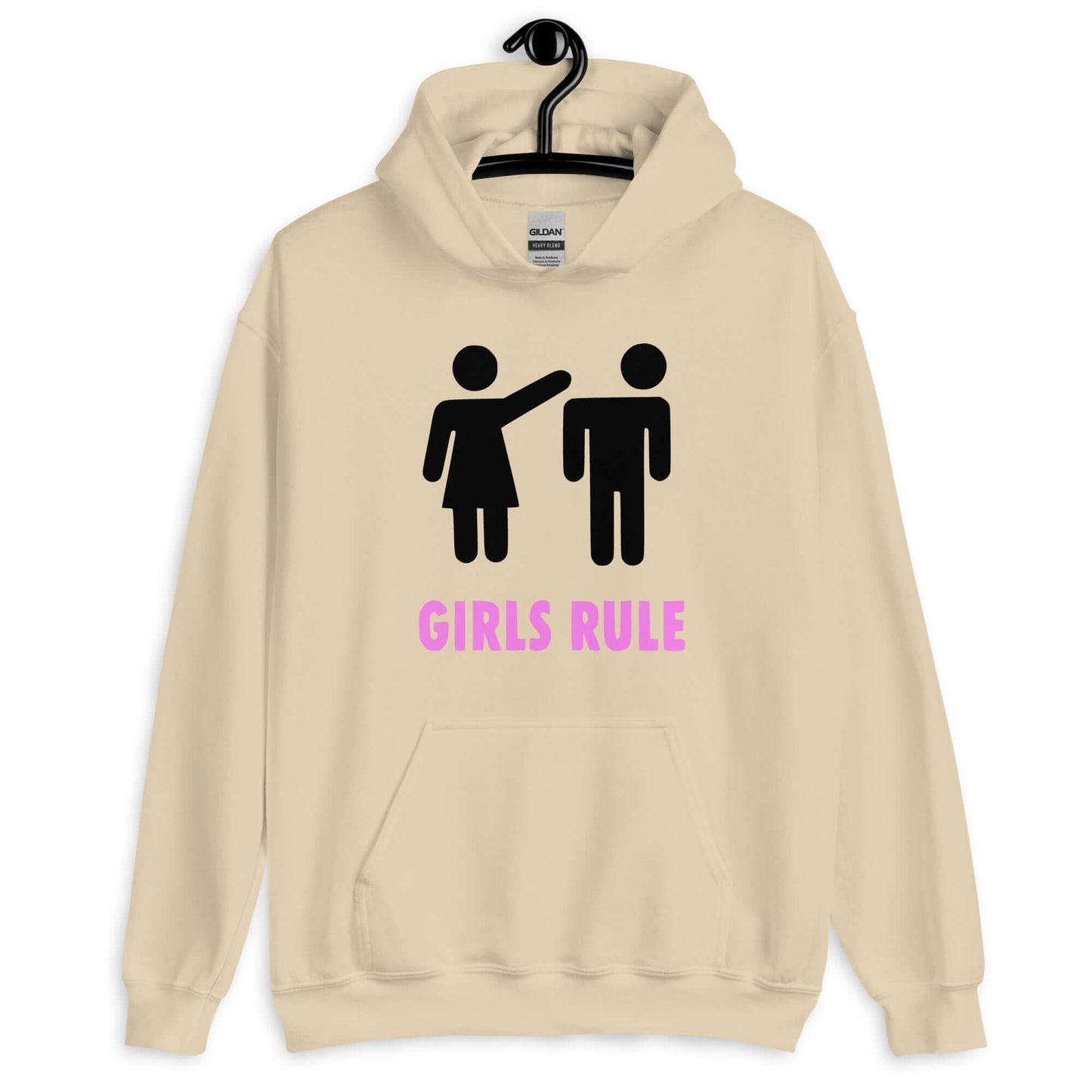 Sand color hoodie sweatshirt. The sweatshirt has an image of a stick figure man and woman. The woman is punching the mans head off and the words Girls rule is printed beneath in hot pink. The graphics are printed on the front of the hoodie.